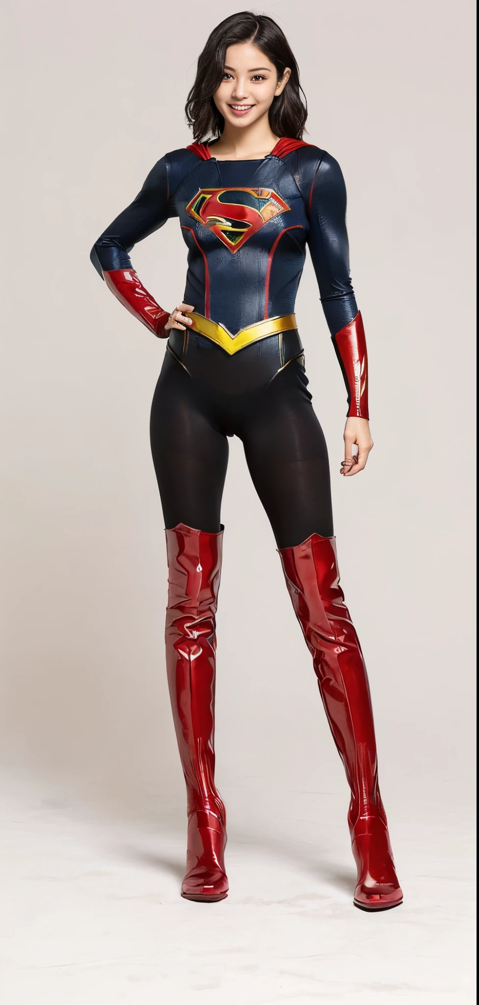 Asian beautiful girl face、Suffering、mouth is always open sloppily、Drool is always dripping from my mouth、Asian Beautiful Girl、(((Wear black tights on your beautiful legs.)))、(((beauty legs)))、(((facial expression of smile)))、((((Make the most of the original image)))、(((Supergirl Costume)))、(((a short bob、beautiful hairl)))、(((Suffering)))、(((Feet must necessarily be worn with black tights)))、(((You need to wear red boots)))、((Top image quality、8K))、((top-quality、8K、masterpiece:1.3))、(((Keep your background simple)))、Crisp focus:1.2、Beautiful woman with perfect body shape:1.4、Slender Abs:1.2、a wet body:1.5、Highly detailed facial and skin texture、8K、beauty legs