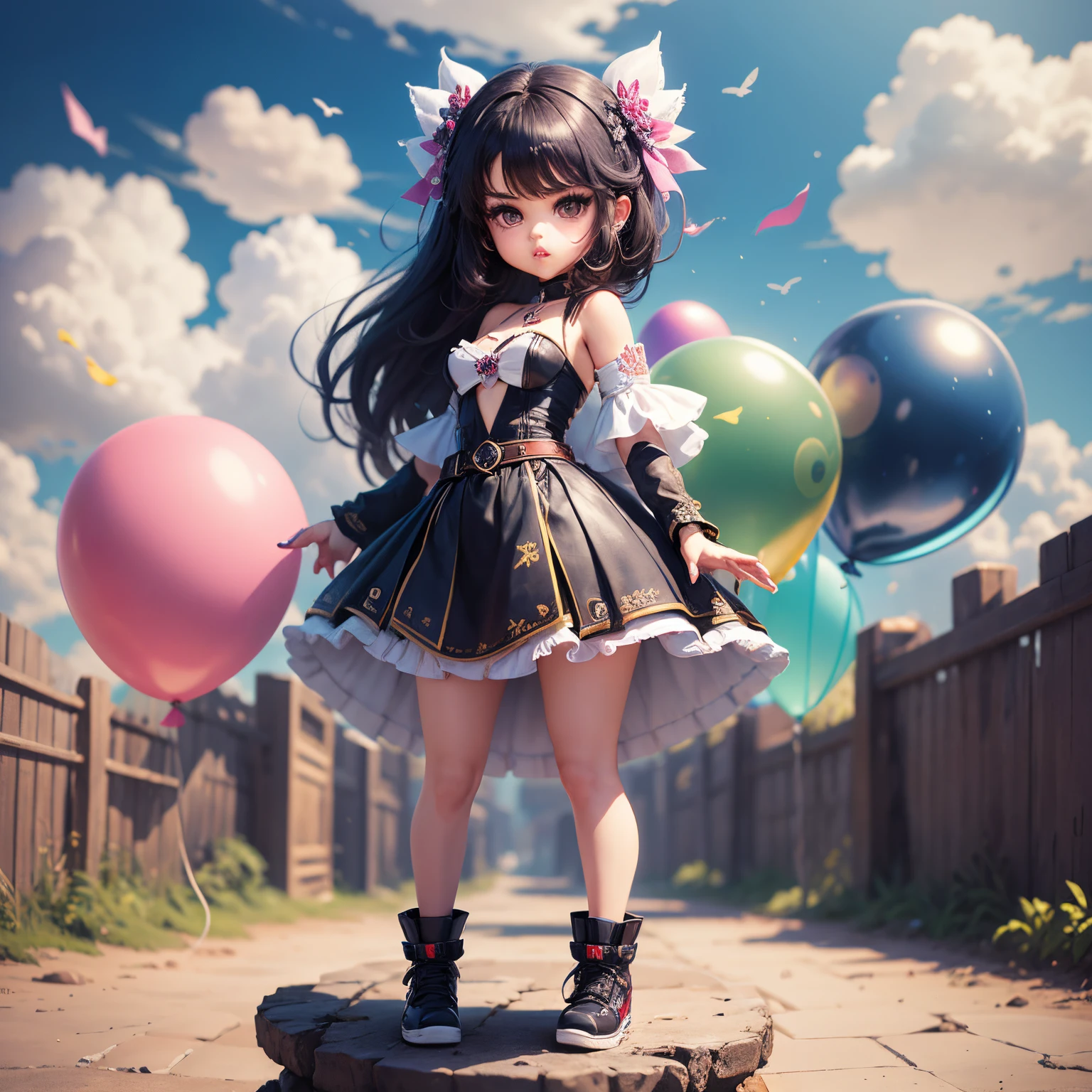masterpiece、top-quality、ultra-detailliert、(chibi character:1.27)、((Selena Gomez)) Full-body standing figure、The background is a blue sky with multiple colored balloons flying