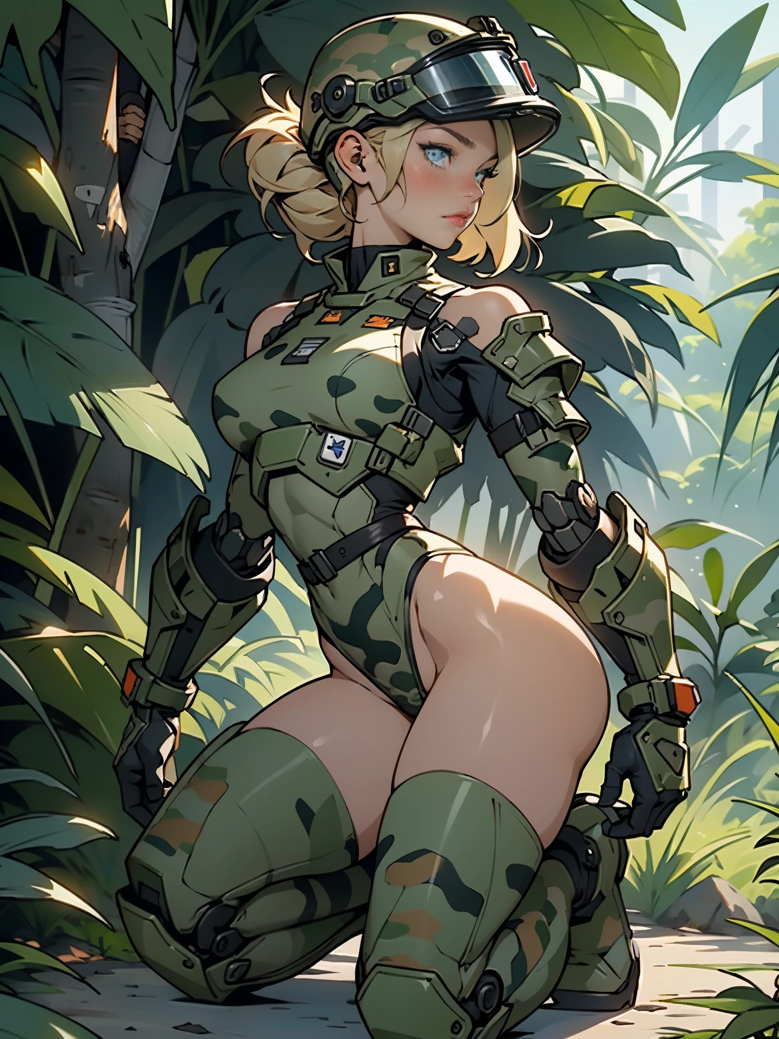 1woman 20 years old, max resolution, sculpted, military, wearing a soldier helmet, beautiful, perfect body, blonde hair, blue eyes, perfect body, thin waist, wide hips, large breasts, slim thighs, jungle background, armored vehicle, military robot dog, camouflaged uniform, tight panties, two-piece, highly detailed, high resolution, perfect hands, side view, camo, face fully turned to the side to look at the viewer, turn her head to look at the viewer, genuflection kneeling, one knee on ground, one knee up, bare shoulders