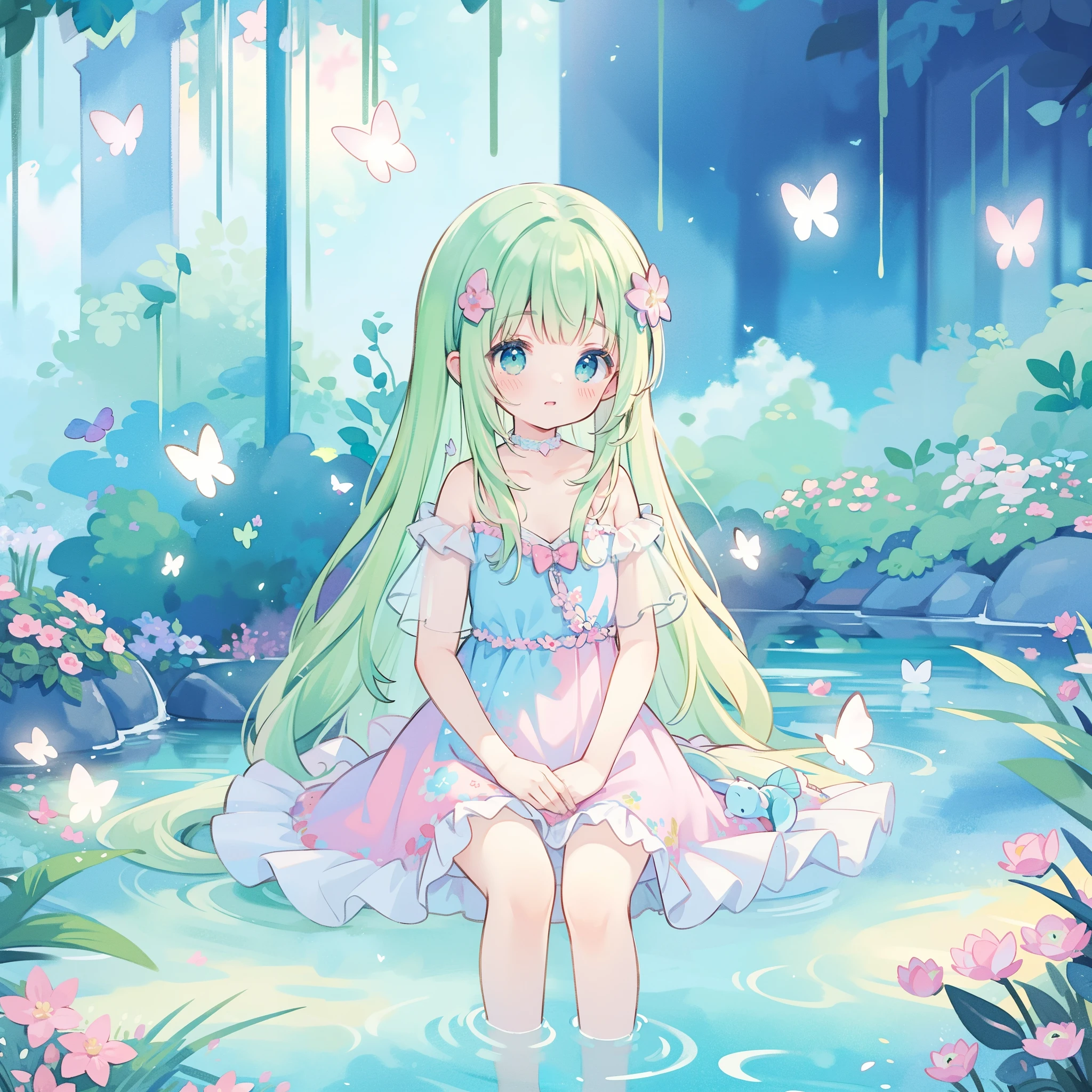 watercolor illustration, vibrant pastel colors, dreamy, colorful, whimsical, magical, masterpiece, best quality, sharp focus, intricately detailed environment, fine detail, 8k resolution, waterfall lagoon, (magical lagoon), (waterfall, lake), glowing butterflies, cute puffy fairy creatures, glowing beautiful girl