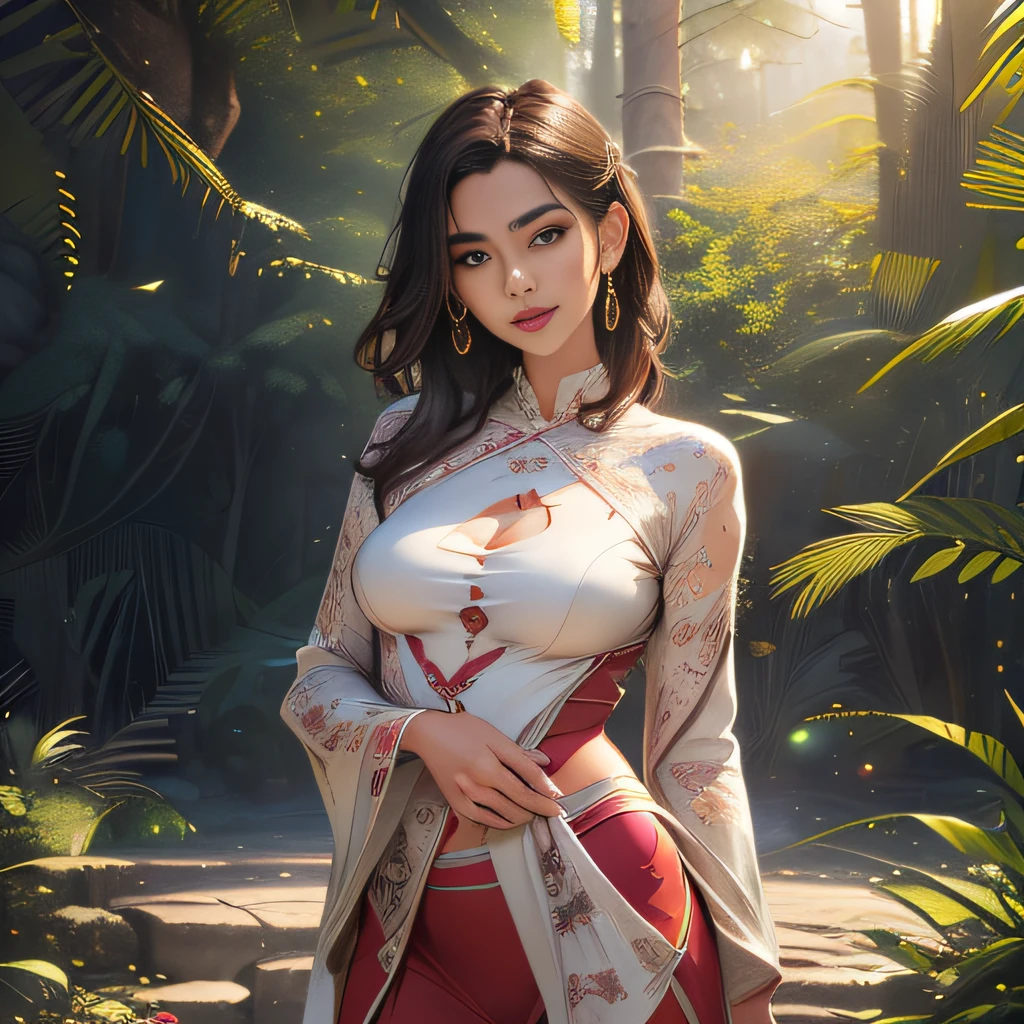 HD wallpaper, 1 Indonesia woman, 19 years old, long black hair, olive skin, smaller head, brown eyes, toned body, medium breasts, hard pink nipple, short sleeve dark red kebaya, cleavage, tight white batik pattern skirt with zipper, cleavage the zipper, masterpiece, ultra HD, realistic masterpiece, blurred forest background, archipelago, sexy and sensual poses, perfect hands, perfect face, perfect details, sharp focus