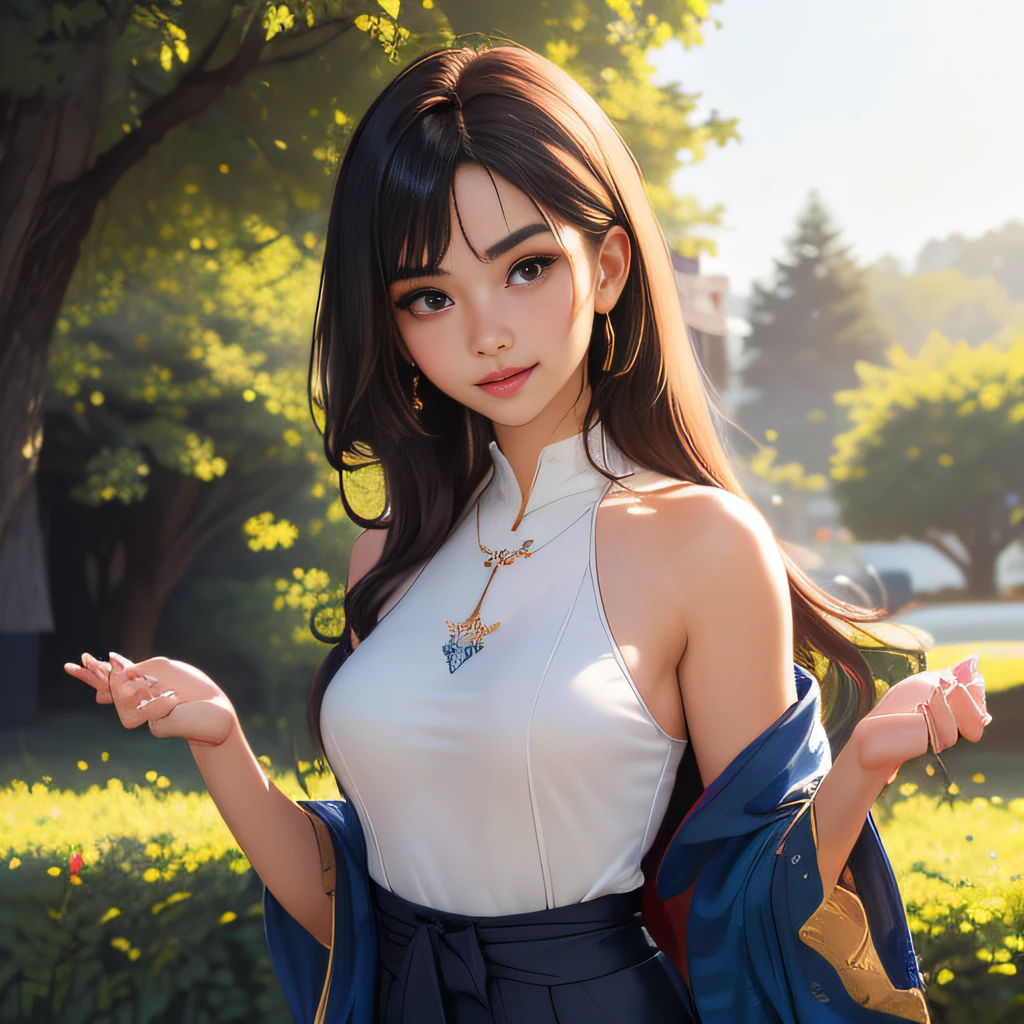 (Extremely detailed 8k wallpaper:2), (photo:2), (38 years old soigne Beautiful girl:2), (gives a lecture to friends:2), detailed (Face and eyes), (hyper realistic:1), (highly detailed:1), (epic realistic:1), rim light, (maximum details:1), cozy, (fullbody:1.3), (looking at viewer:2), (Woman's Attractive Qualities:2), (Attractive Woman:2), (Attractive:2), Smile, Intelligence, Empathy, Gracefulness, Sense of Style, Fitness, Grooming, Optimism, (Sensitivity:2), Sincerity, Romantic Gestures, Playfulness, Fashion Sense, (Sensuality:2), Charm, Modesty, Thoughtfulness, (Femininity:1), Flirtatiousness, Warmth, (Physical attractiveness:2), A beautiful smile, A love of life, strength and power, vulnerability, curiosity, wonder, love, (nature background:2), kawaii, waifu, Beautiful breasts, (attractive body:2), (Beautiful body:2), Beautiful pose, attractive pose, (Beautiful legs:1.0), (Beautiful clothes:1), (classic clothes:2), (elegant clothes:2), (European clothes:2), detailed clothes, (skirt:1), (blouse:1), (provocative pose)