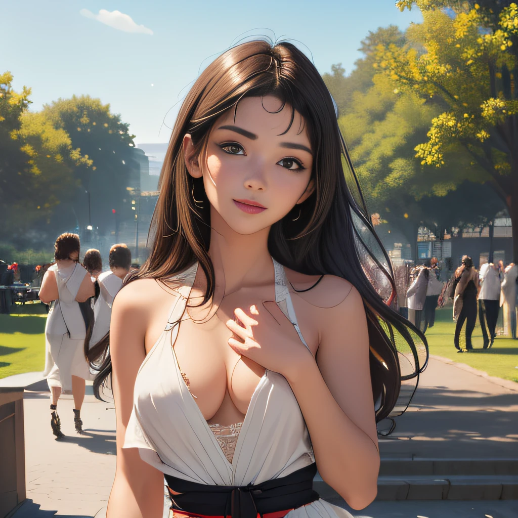 (Extremely detailed 8k wallpaper:2), (photo:2), (38 years old soigne Beautiful girl:2), (gives a lecture to friends:2), detailed (Face and eyes), (hyper realistic:1), (highly detailed:1), (epic realistic:1), rim light, (maximum details:1), cozy, (fullbody:1.3), (looking at viewer:2), (Woman's Attractive Qualities:2), (Attractive Woman:2), (Attractive:2), Smile, Intelligence, Empathy, Gracefulness, Sense of Style, Fitness, Grooming, Optimism, (Sensitivity:2), Sincerity, Romantic Gestures, Playfulness, Fashion Sense, (Sensuality:2), Charm, Modesty, Thoughtfulness, (Femininity:1), Flirtatiousness, Warmth, (Physical attractiveness:2), A beautiful smile, A love of life, strength and power, vulnerability, curiosity, wonder, love, (nature background:2), kawaii, waifu, Beautiful breasts, (attractive body:2), (Beautiful body:2), Beautiful pose, attractive pose, (Beautiful legs:1.0), (Beautiful clothes:1), (classic clothes:2), (elegant clothes:2), (European clothes:2), detailed clothes, (skirt:1), (blouse:1), (provocative pose)
