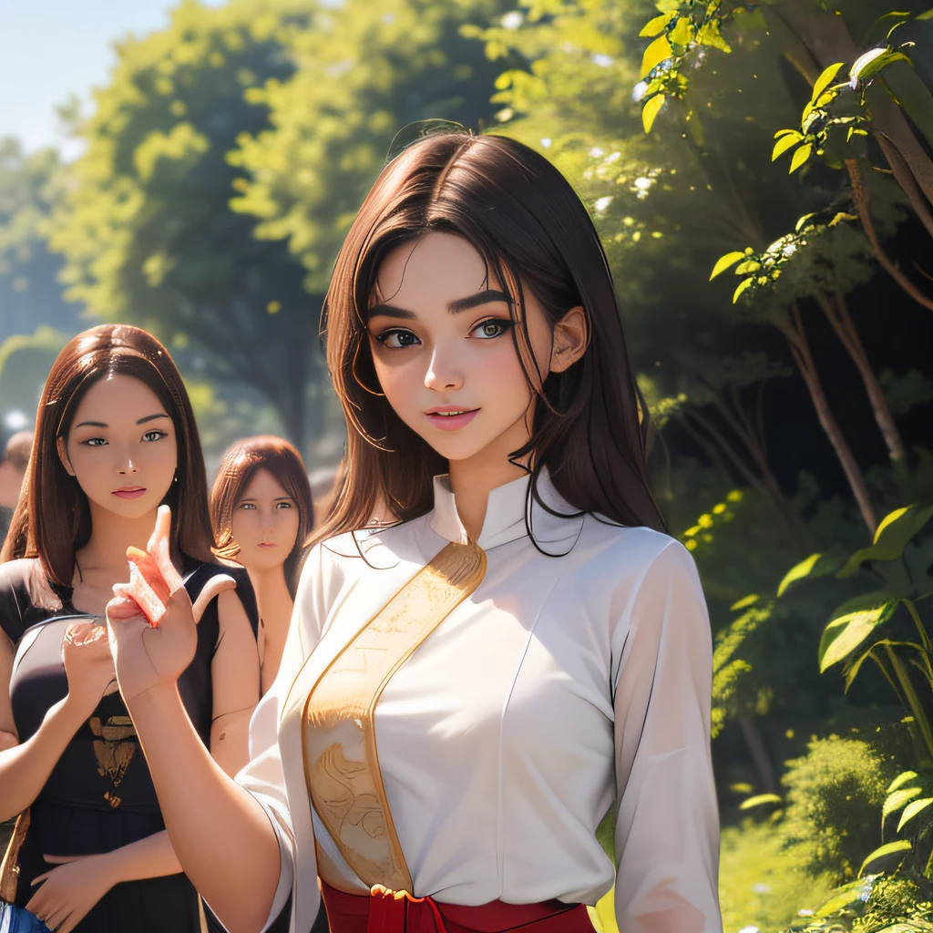 (Extremely detailed 8k wallpaper:2), (photo:2), (soigne Beautiful girl:2), (gives a lecture to friends:2), detailed (Face and eyes), (hyper realistic:1), (highly detailed:1), (epic realistic:1), rim light, (maximum details:1), cozy, (fullbody:1.3), (looking at viewer:2.0), (Woman's Attractive Qualities:2), (Attractive Woman:2), (Attractive:2), Smile, Intelligence, Empathy, Gracefulness, Sense of Style, Fitness, Grooming, Optimism, (Sensitivity:2), Sincerity, Romantic Gestures, Playfulness, Fashion Sense, (Sensuality:2), Charm, Modesty, Thoughtfulness, (Femininity:1), Flirtatiousness, Warmth, (Physical attractiveness:2), A beautiful smile, A love of life, strength and power, vulnerability, curiosity, wonder, love, (nature background:2), kawaii, waifu, Beautiful breasts, (attractive body:2), (Beautiful body:2), Beautiful pose, attractive pose, (Beautiful legs:1.0), (spread legs:1.0), (Beautiful clothes:1), (classic clothes:2), (elegant clothes:2), (European clothes:2), detailed clothes, (skirt:1), (blouse:1), (provocative pose)