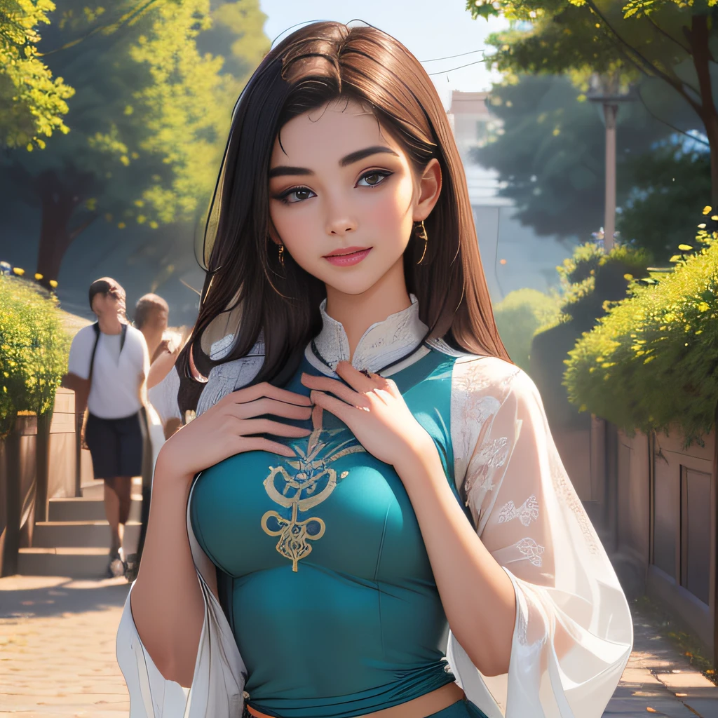 (Extremely detailed 8k wallpaper:2), (photo:2), (26 years old soigne Beautiful girl:2), (gives a lecture to friends:2), detailed (Face and eyes), (hyper realistic:1), (highly detailed:1), (epic realistic:1), rim light, (maximum details:1), cozy, (fullbody:1.3), (looking at viewer:2), (Woman's Attractive Qualities:2), (Attractive Woman:2), (Attractive:2), Smile, Intelligence, Empathy, Gracefulness, Sense of Style, Fitness, Grooming, Optimism, (Sensitivity:2), Sincerity, Romantic Gestures, Playfulness, Fashion Sense, (Sensuality:2), Charm, Modesty, Thoughtfulness, (Femininity:1), Flirtatiousness, Warmth, (Physical attractiveness:2), A beautiful smile, A love of life, strength and power, vulnerability, curiosity, wonder, love, (nature background:2), kawaii, waifu, Beautiful breasts, (attractive body:2), (Beautiful body:2), Beautiful pose, attractive pose, (Beautiful legs:1.0), (Beautiful clothes:1), (classic clothes:2), (elegant clothes:2), (European clothes:2), detailed clothes, (skirt:1), (blouse:1), (provocative pose)