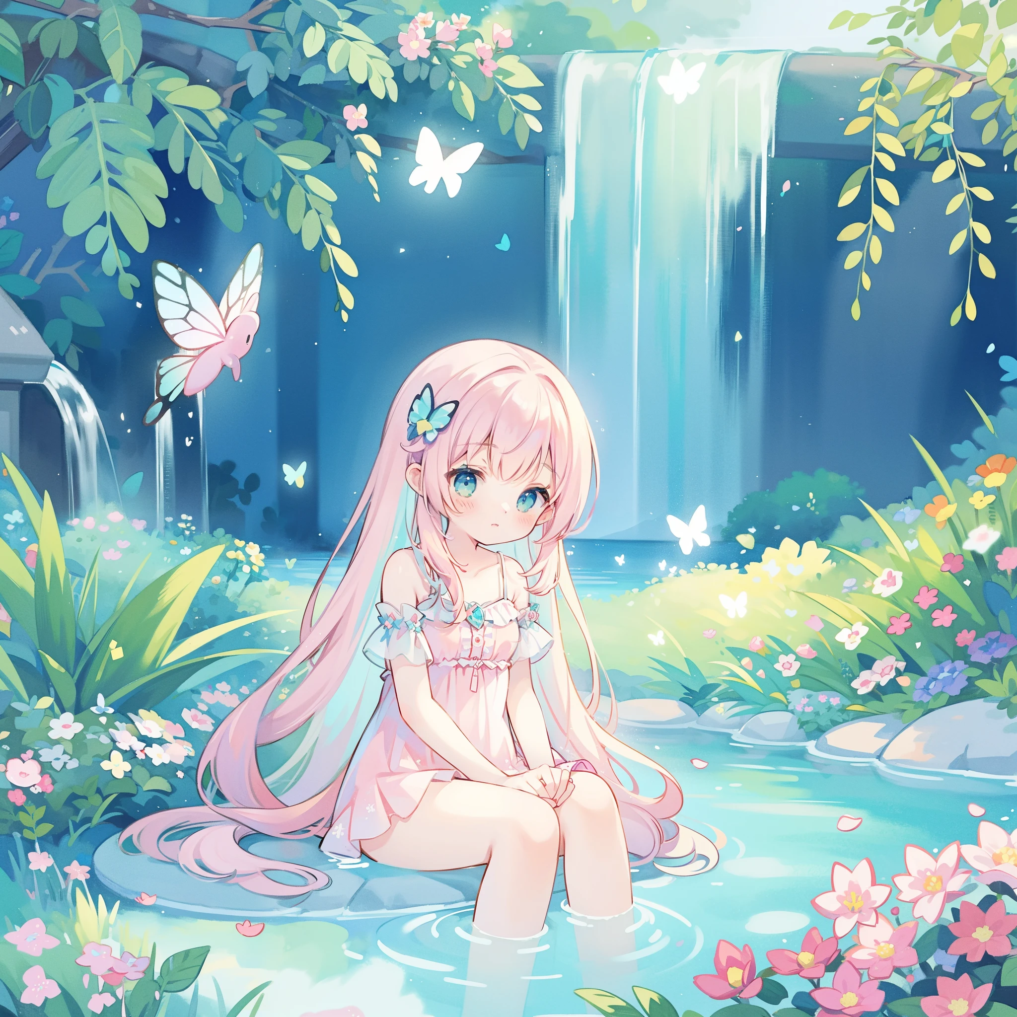 watercolor illustration, vibrant pastel colors, dreamy, colorful, whimsical, magical, masterpiece, best quality, sharp focus, intricately detailed environment, fine detail, 8k resolution, waterfall lagoon, (magical lagoon), (waterfall, lake), glowing butterflies, cute puffy fairy creatures, glowing beautiful girl