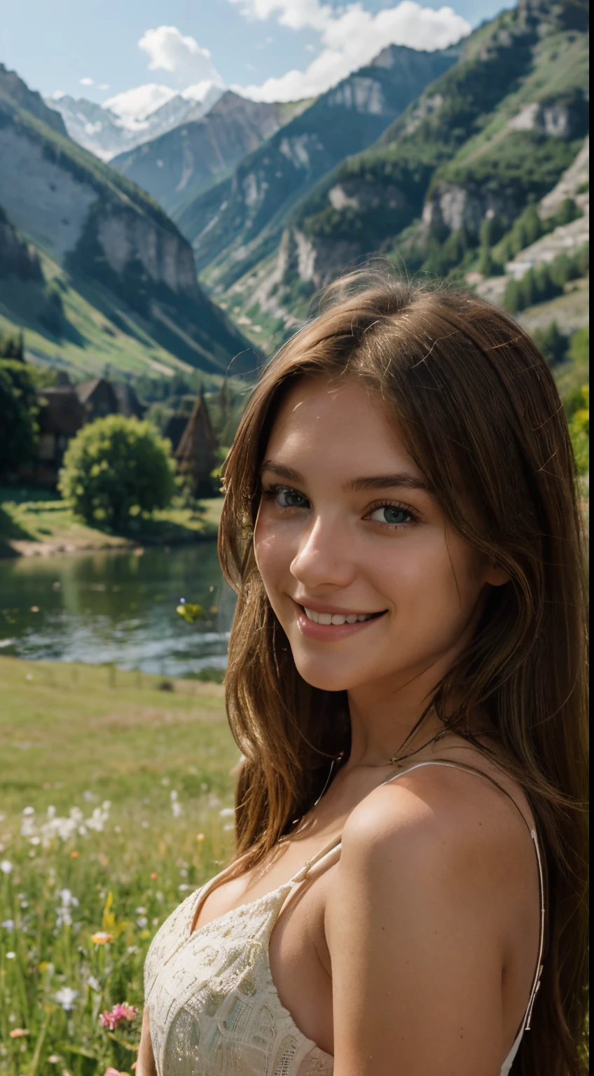 Girl with light brown hair, almost blonde, beautiful smile, green colored eyes, beautiful European landscape in the background, lake, mountains, The Setting Sun, European summer, Romantic mood, Very High Definition, ultrarealism