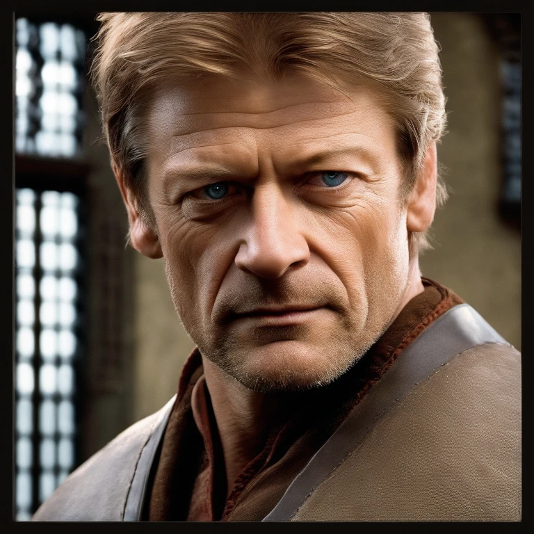 Ned is an older man with light brown hair streaked with grey, wears plain leather tunics, famously portrayed by Sean Bean,Game of Thrones TV series,Ned is an older man with light brown hair streaked with grey, wears plain leather tunics, famously portrayed by Sean Bean,face,photo