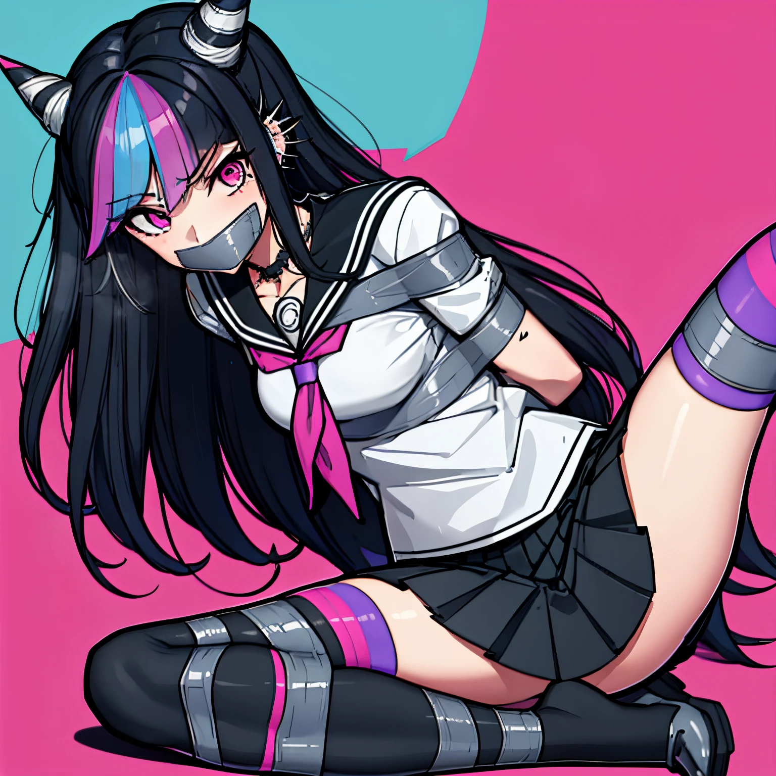 (absurdres, 8k, 4k, masterpiece, hyper extreme detailed:1.2), solo, front view portrait, best quality, portrait, solo, adult, cowboyshot, perfect anatomy, 1girl, perfect face, expressive eyes, perfect eyes, bound, bondage, (arms behind back:1.4), bdsm, tape gag, tape, tape bondage, close-up, restrained, best anatomy, full body, taped legs, legs apart, tape wrapped, wrap gag, tightly bound, tape wrapped around face, ibuki mioda, black hair, blue hair, hair horns, ear piercing, lip piercing, long hair, multicolored hair, (pink eyes:1.5), pink hair, white hair, asymmetrical legwear, black skirt, blue thighhighs, jewelry, mismatched legwear, neckerchief, necklace, piercing, pleated skirt, ring, school uniform, serafuku, shirt, skirt, thighhighs, torn clothes, torn thighhighs, zettai ryouiki, solo, 1girl, large bust, sitting,