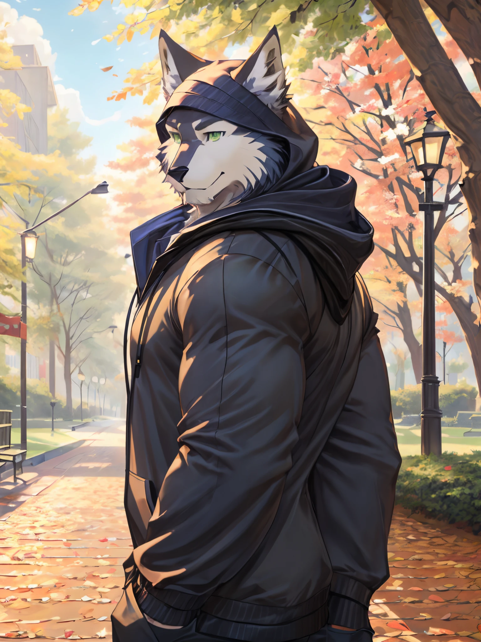Masterpiece, Solo, Furry Wolf, Dark Fur, Green Eyes, Medium Muscular Body, Charming, Smiling, Handsome, Good Looking, Hoodie, Park Background.