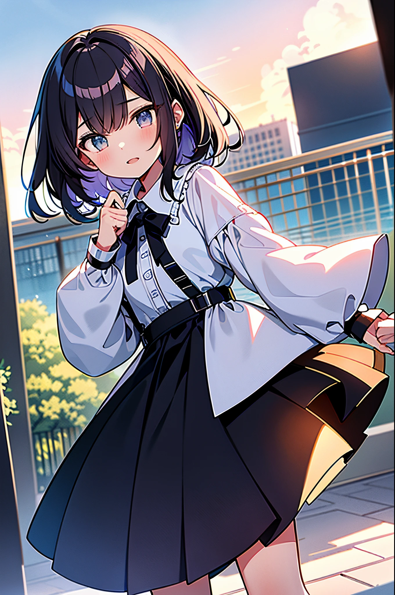 (highest qualityr、Calidad de imagen 32K、obra maestra、NFFSW:1.2)、Un lindo loli、pelo corto medio、trenzado corto、Cara hermosa、(encorvado:1.3)、al atardecer、agacharse、(Desde arriba:1.3)、(Un primer plano:1.4)、small curvy loli、((Puedes ver el cofre))、Perspectiva Bust Up、Camisa grande holgada、(beautiful nipple slips:0.9)、fuera de casa、El viento、piel brillante、Backround borroso