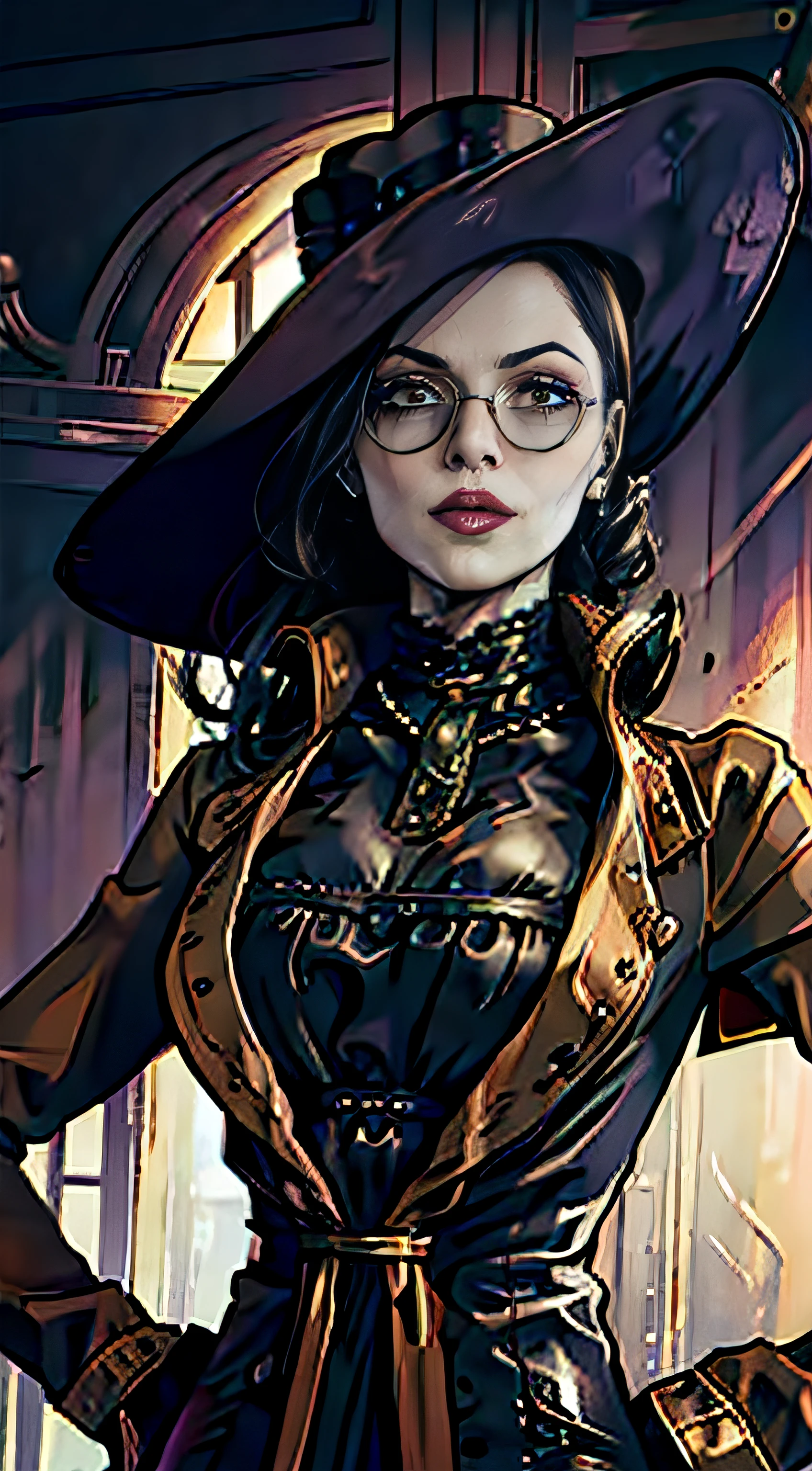 A tall vampire woman like lady dimitrescu from resident evil. Wearing a steampunk doctors outfit. Long brimmed hat. Round sunglasses. Long hair. Doctor Scientist. Round steampunk tinted glasses. Round tinted glasses. Steampunk aesthetic. Doctor. Scientist. Blood.