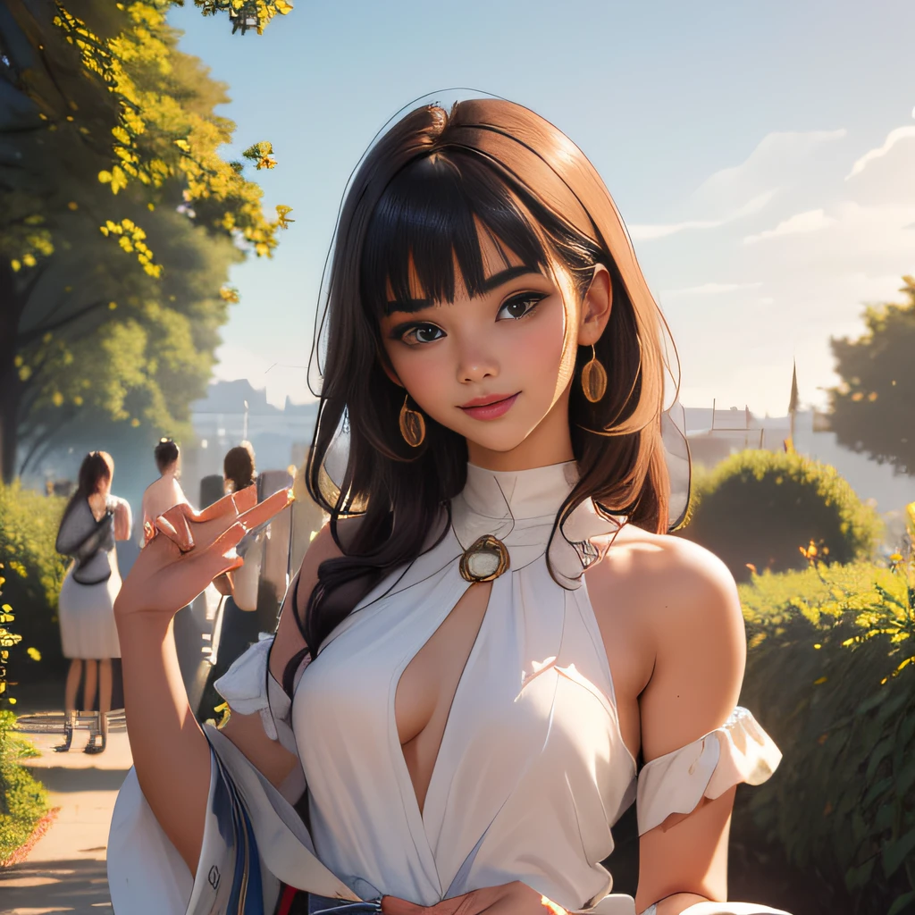 (Extremely detailed 8k wallpaper:2), (photo:2), (38 years old soigne Beautiful girl:2), (gives a lecture to friends:2), detailed (Face and eyes), (hyper realistic:1), (highly detailed:1), (epic realistic:1), rim light, (maximum details:1), cozy, (fullbody:1.3), (looking at viewer:2), (Woman's Attractive Qualities:2), (Attractive Woman:2), (Attractive:2), Smile, Intelligence, Empathy, Gracefulness, Sense of Style, Fitness, Grooming, Optimism, (Sensitivity:2), Sincerity, Romantic Gestures, Playfulness, Fashion Sense, (Sensuality:2), Charm, Modesty, Thoughtfulness, (Femininity:1), Flirtatiousness, Warmth, (Physical attractiveness:2), A beautiful smile, A love of life, strength and power, vulnerability, curiosity, wonder, love, (nature background:2), kawaii, waifu, Beautiful breasts, (attractive body:2), (Beautiful body:2), Beautiful pose, attractive pose, (Beautiful legs:1.0), (Beautiful clothes:1), (classic clothes:2), (elegant clothes:2), (European clothes:2), detailed clothes, (skirt:1), (blouse:1), (provocative pose)