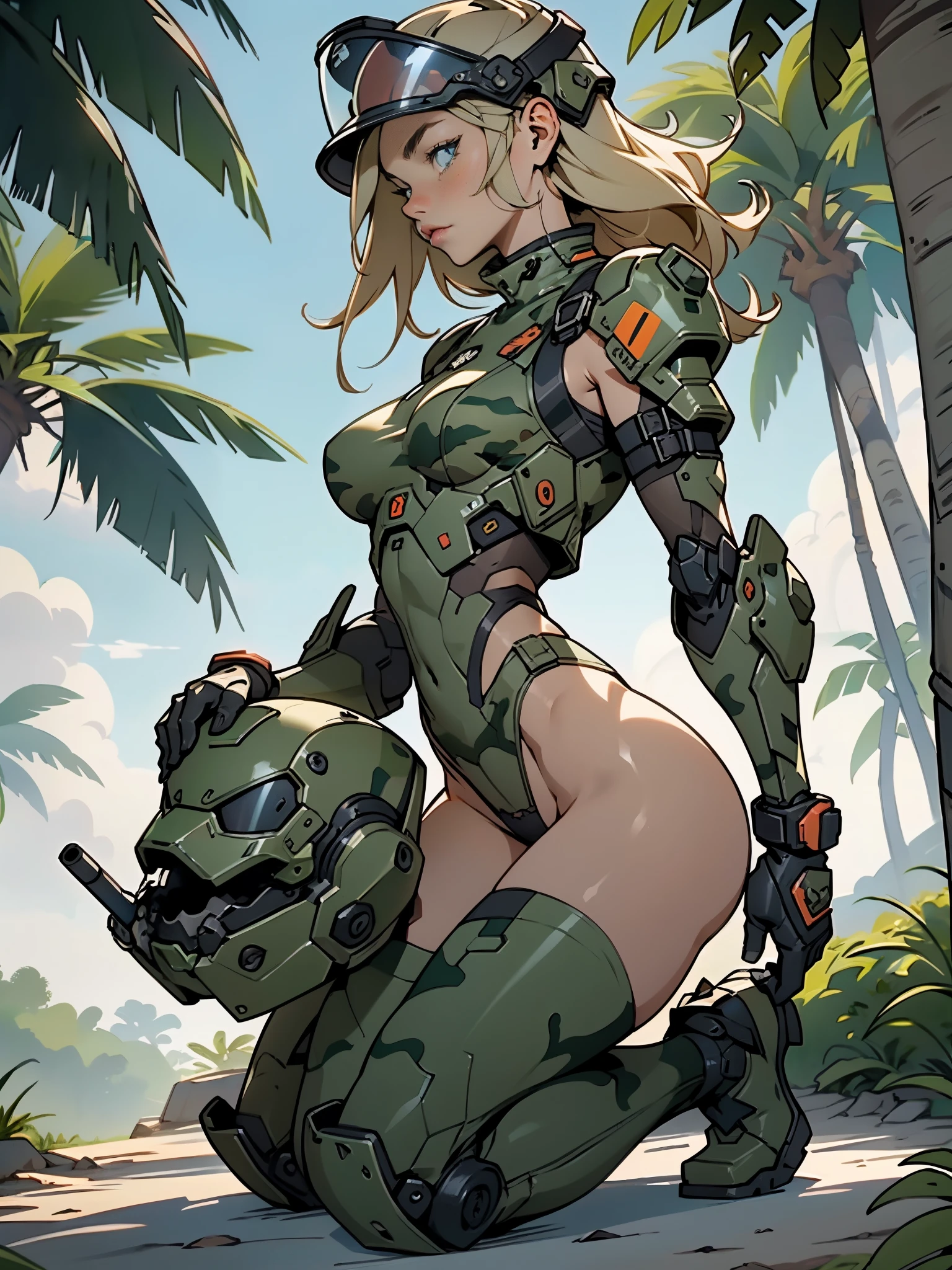 1woman 20 years old, max resolution, sculpted, military, wearing a soldier helmet, beautiful, perfect body, blonde hair, blue eyes, perfect body, thin waist, wide hips, large breasts, slim thighs, jungle background, armored vehicle, military robot dog, camouflaged uniform, tight panties, two-piece, highly detailed, high resolution, perfect hands, side view, camo, face fully turned to the side to look at the viewer, turn her head to look at the viewer, genuflection kneeling, one knee on ground, one knee up, bare shoulders