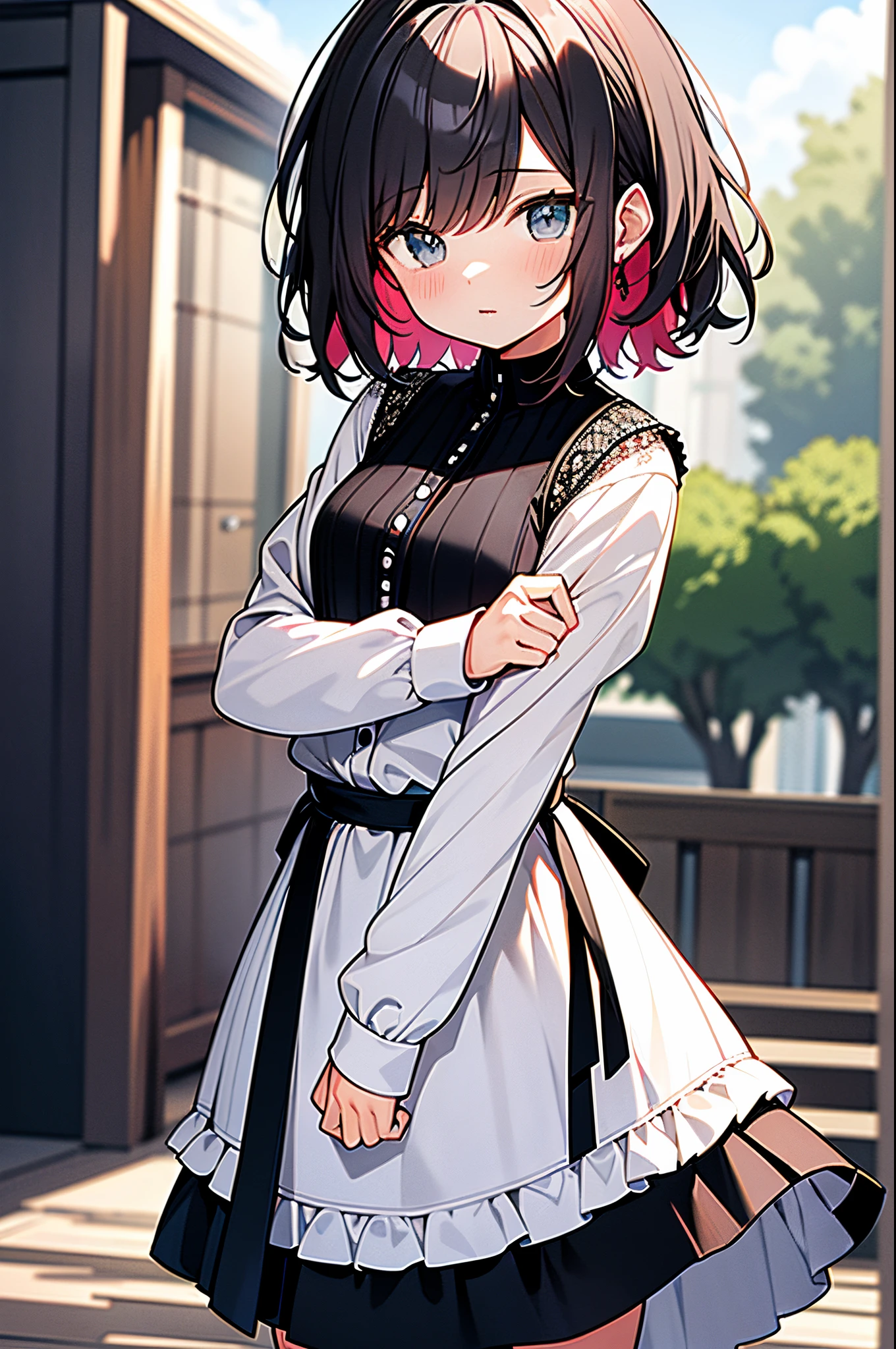 (highest qualityr、Calidad de imagen 32K、obra maestra、NFFSW:1.2)、Un lindo loli、pelo corto medio、trenzado corto、Cara hermosa、(encorvado:1.3)、al atardecer、agacharse、(Desde arriba:1.3)、(Un primer plano:1.4)、small curvy loli、((Puedes ver el cofre))、Perspectiva Bust Up、Camisa grande holgada、(beautiful nipple slips:0.9)、fuera de casa、El viento、piel brillante、Backround borroso