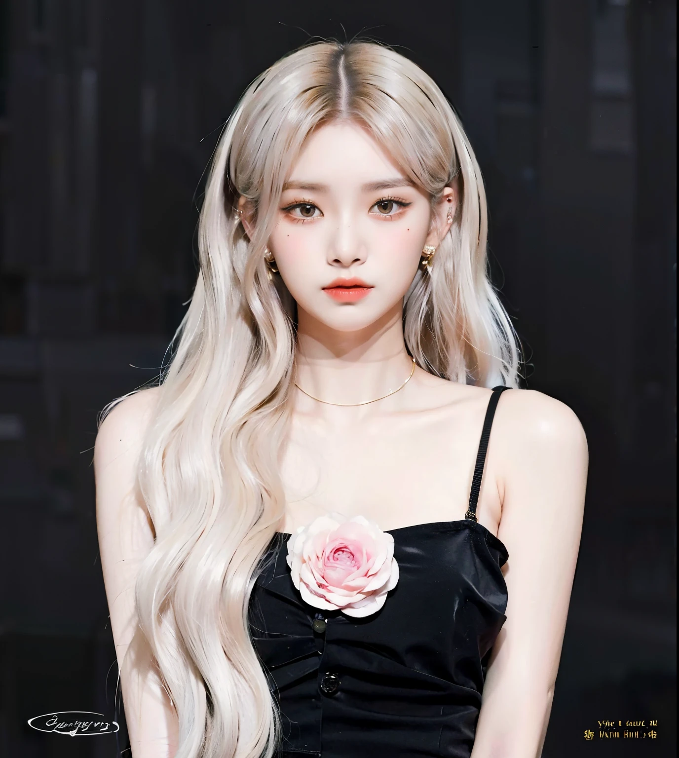 Un primer plano de una mujer con cabello largo y rubio con un vestido negro, ulzzang, Peinado blanco de corte hime, Retrato de Jossi de Blackpink, Lalisa Manobal, Kim Doyoung, con pelo largo blanco, Parque Roseanne de Blackpink, Jaeyeon Nam, Lalisa Manoban de Blackpink, con el pelo largo y blanco, Jossi de Blackpink