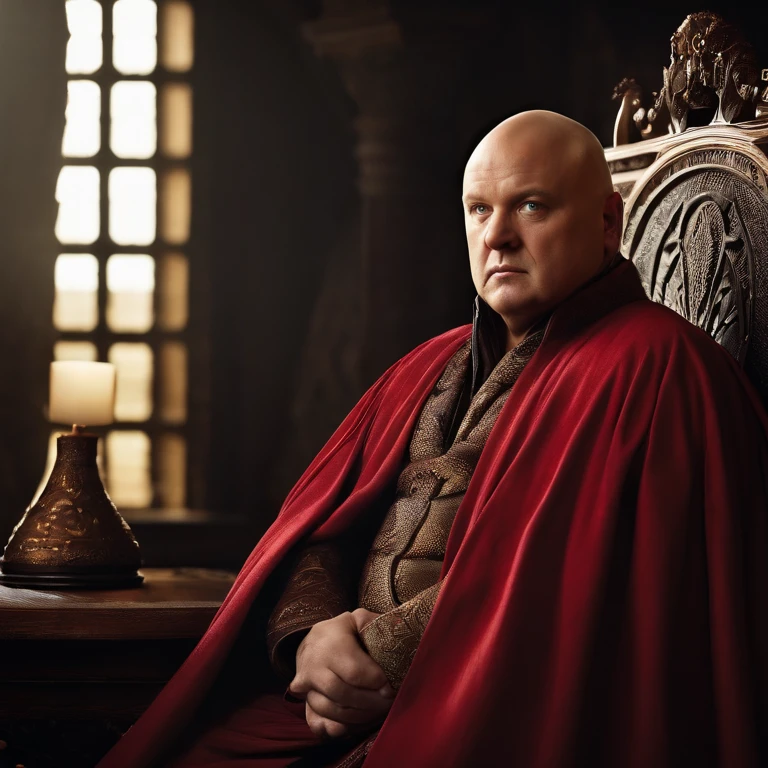 Varys is a heavier set bald man, who wears fine embroidered robes, famously portrayed by Conleth Hill,HBO's Game of Thrones,Varys is a heavier set bald man, who wears fine embroidered robes, famously portrayed by Conleth Hill,face,photo