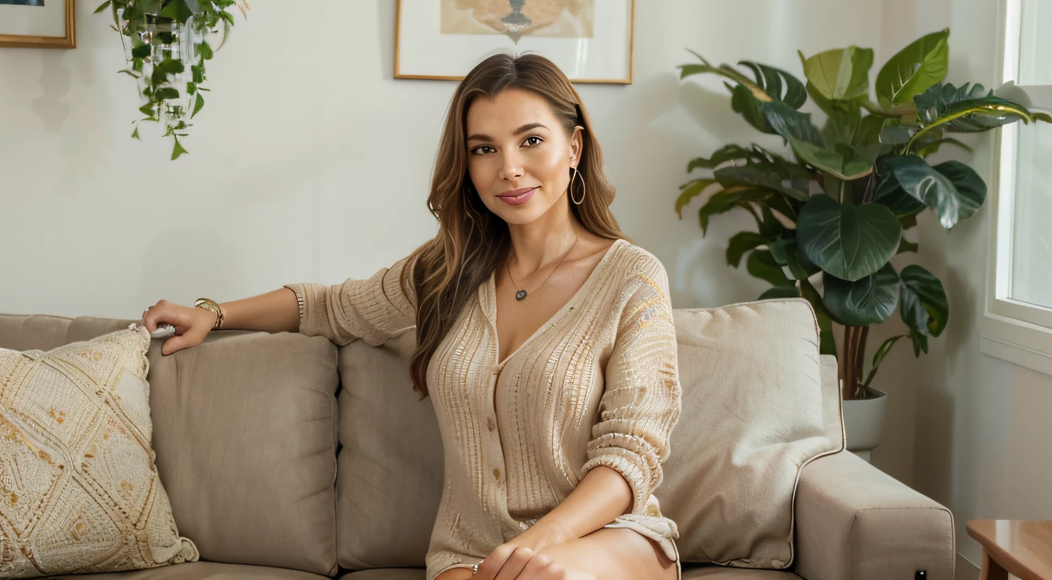 (a mature woman,jewelry,sitting on a sofa,chatting with friends),(portrait,realistic),(vibrant colors,soft lighting),(cozy living room,comfortable atmosphere),(detailed facial expression,fine wrinkles,expressive eyes),(elegant clothes,stylish hairdo),(graceful posture,warm smile),(interior decoration,artistic paintings,hanging plants),(lively conversation,natural gestures),(lively and positive),(refined beauty,charming personality)