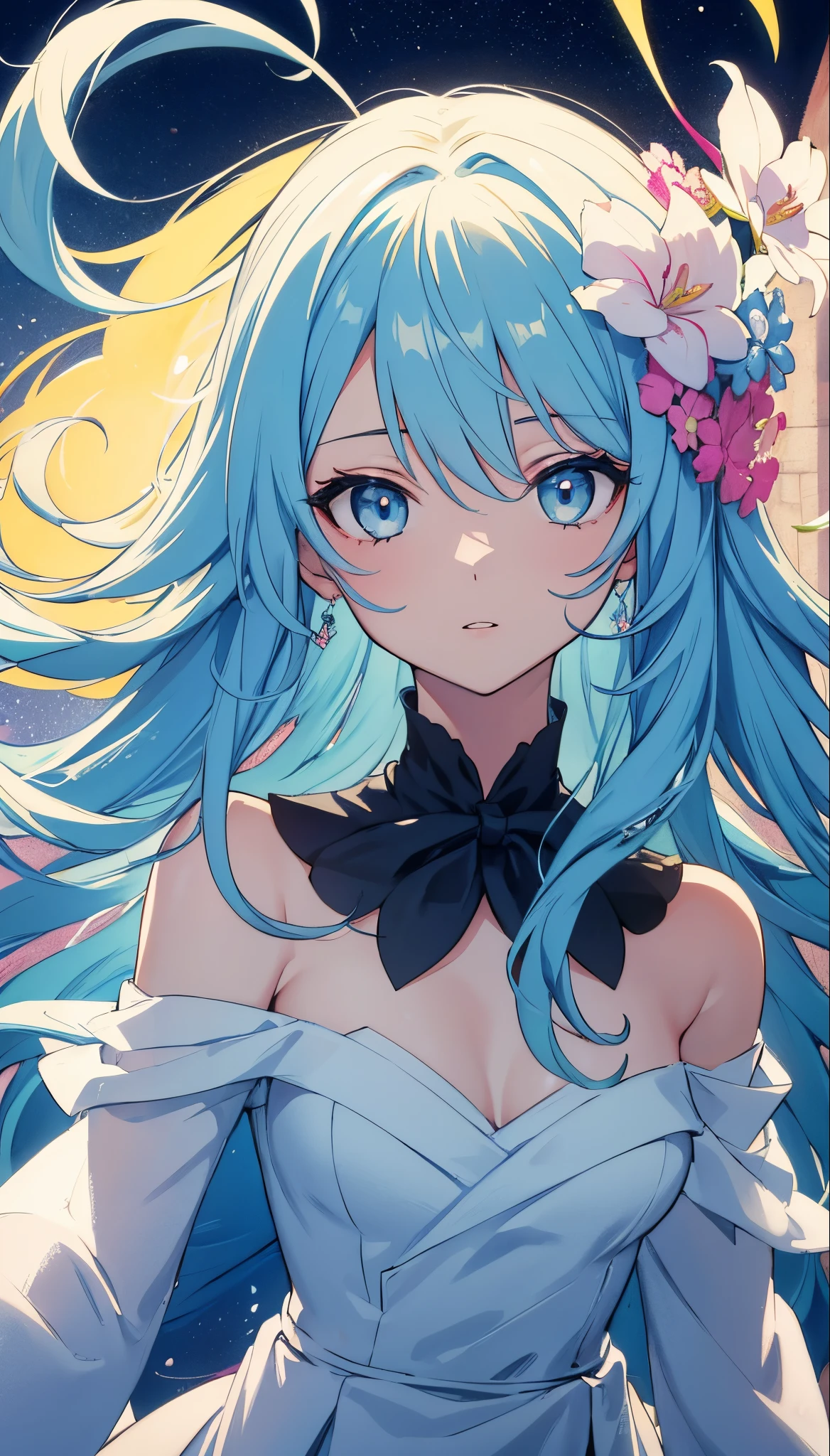 (tmasterpiece), (beste-Qualit), (overdetalization),(messy hair),(illustartion), (a 1girl), (evening gown), stands, Model, looks at the viewer, (interview), (Simple background), beautiful detail eyes, gentle beautiful stern face, soaring, (high saturation), (Colorful splashes), Colorful Bubble, (radiance), facial focus, tail, kamisato ayaka, light-blue hair, quiff, Hair Ring, Soaring flowers, Floating hair , (radiance), better lighting, better shadow,