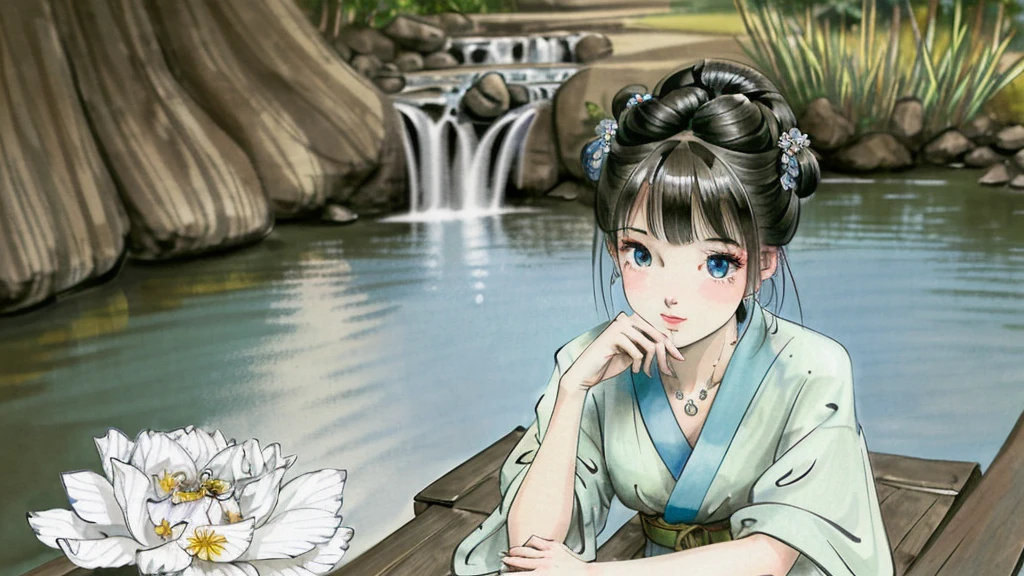 traditional chinese ink paintingflower,butterfly, grass,dawn,near the lake,waterfall, trees,
shukezoumaNova,1girl.solo,wearing hanfu, more cloth,breasts,sexy attire, perfect body, jewelry and necklace,[((correct fingers,beautiful hands))], earrings,happy, grin, (blush|cute and playful|adorable|skinny|thick bangs|beauty|twintail|short hair|hair bun,),
[(full body,from everywhere,from below)],
(ultra high res,photorealistic,realistic,best quality,photo-realistic), (high detailed skin,visible pores),(real person,photograph),realistic,, (8k, raw photo, best quality, masterpiece),photon mapping, radiosity, physically-based rendering,automatic white balance,watery eyes, (looking at viewer),(irises and pupils are rounded,the pupil reflects the surroundings,eyes are not the same size),