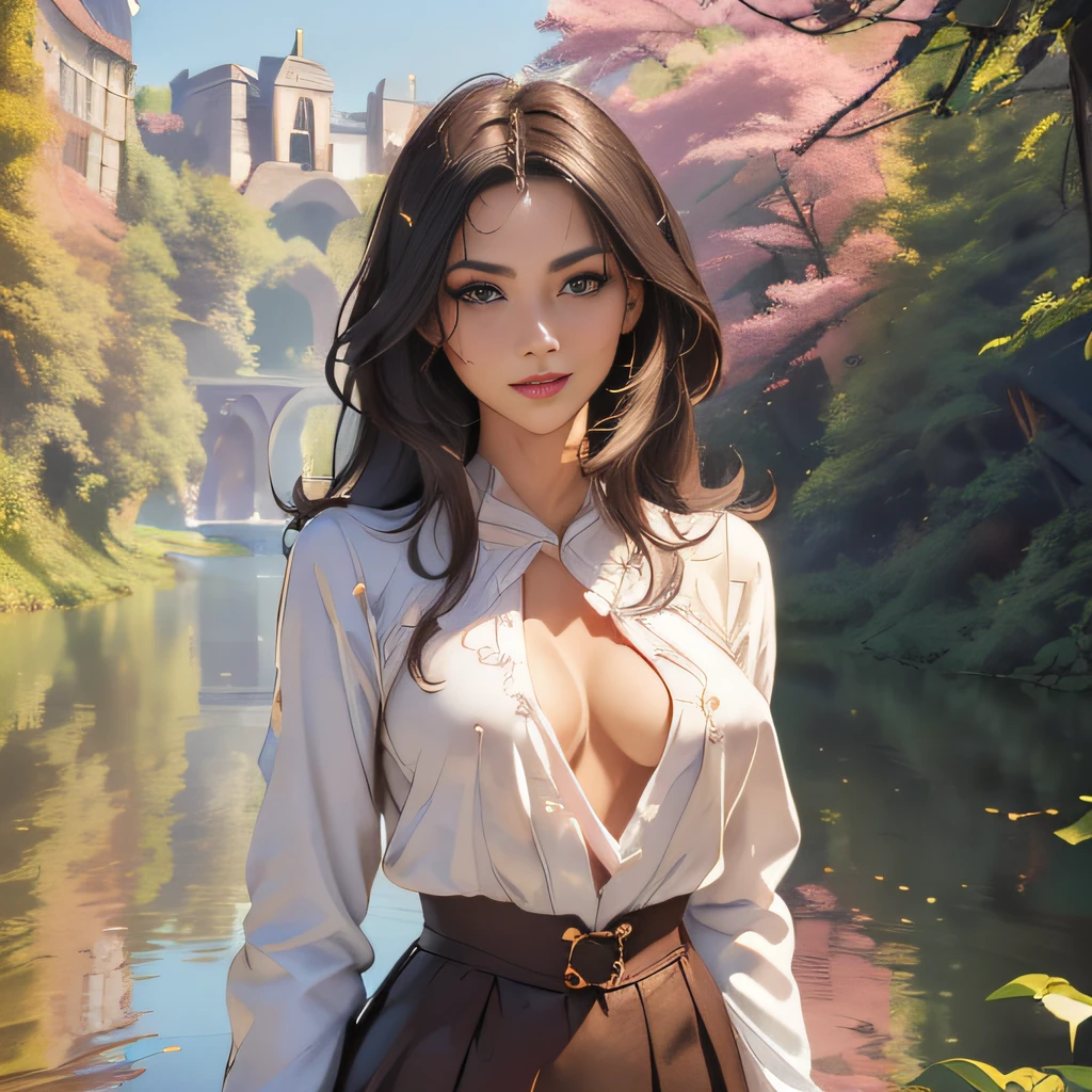 (Extremely detailed 8k wallpaper:2), (photo:2), (38 years old soigne Beautiful girl:2), (gives a lecture to friends:2), detailed (Face and eyes), (hyper realistic:1), (highly detailed:1), (epic realistic:1), rim light, (maximum details:1), cozy, (fullbody:1.3), (looking at viewer:2), (Woman's Attractive Qualities:2), (Attractive Woman:2), (Attractive:2), Smile, Intelligence, Empathy, Gracefulness, Sense of Style, Fitness, Grooming, Optimism, (Sensitivity:2), Sincerity, Romantic Gestures, Playfulness, Fashion Sense, (Sensuality:2), Charm, Modesty, Thoughtfulness, (Femininity:1), Flirtatiousness, Warmth, (Physical attractiveness:2), A beautiful smile, A love of life, strength and power, vulnerability, curiosity, wonder, love, (nature background:2), kawaii, waifu, Beautiful breasts, (attractive body:2), (Beautiful body:2), Beautiful pose, attractive pose, (Beautiful legs:1.0), (Beautiful clothes:1), (classic clothes:2), (elegant clothes:2), (European clothes:2), detailed clothes, (skirt:1), (blouse:1), (provocative pose)