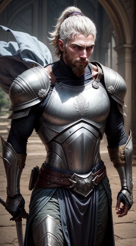 lustration in Leyendecker style : Muscular and pumped-up Prince Harry as a Beautiful Detailed Face, 4k resolution, Realistic, a perfect face, 28 years old, , light blonde hair, natural skin, Soft Impressionist, Perfect composition, a perfect face, Wearing leather armor, large bulge in the pants ,hairy chest and belly Holding a large sword in his hands, The background is a mysterious forest