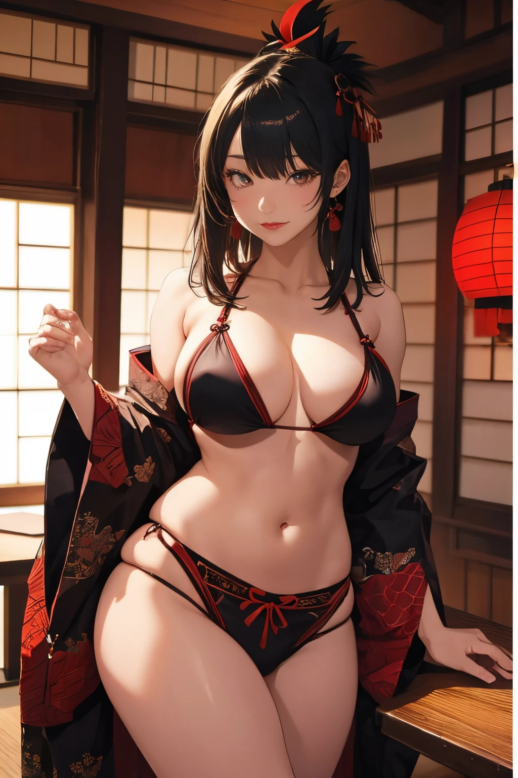 sexy female crow tengu、Japanese Traditional UMA female TENGU, sexy Japanese monk's costume, sexy dark color skin, nice figure sexy body