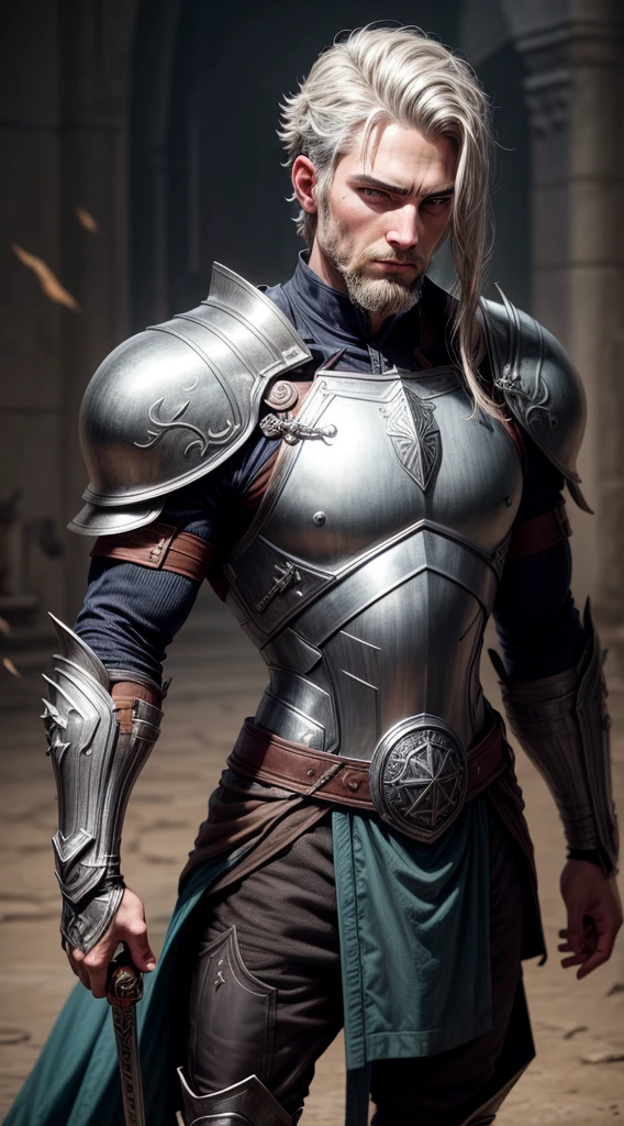 A warrior with a silver sword in his hands, no fundo um campo de batalha, armadura resistente em seu corpo, de cicatrizes de batalha, cabelos curtos e grisalhos, olhos azuis, uma barba densa e bem-cuidada, a muscular and robust physiognomy his height is tall.
