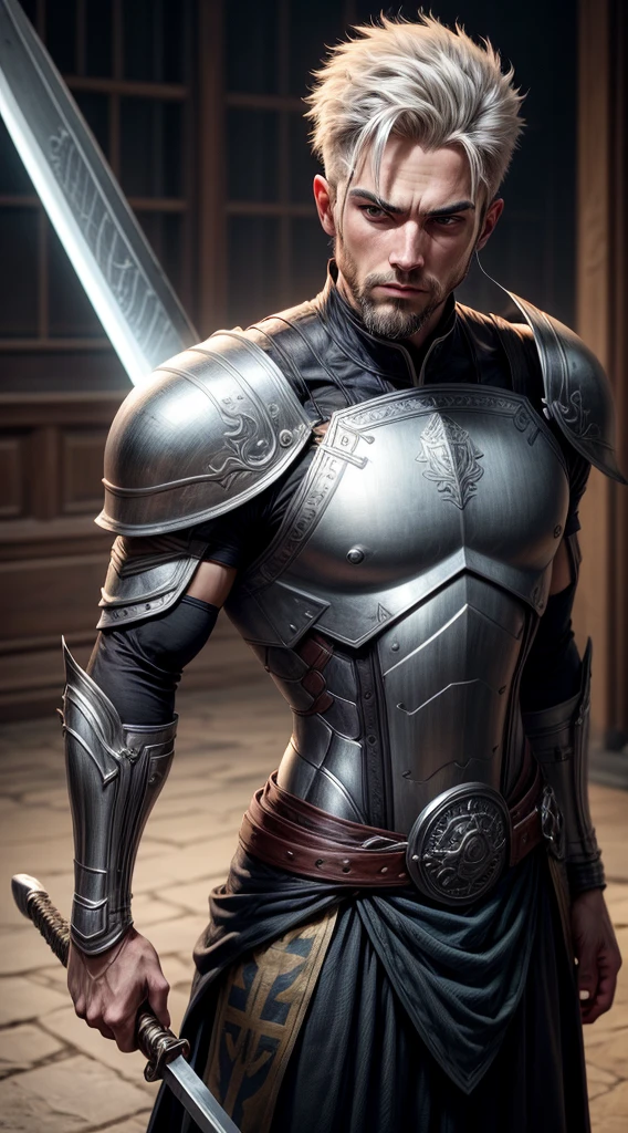 A warrior with a silver sword in his hands, no fundo um campo de batalha, armadura resistente em seu corpo, de cicatrizes de batalha, cabelos curtos e grisalhos, olhos azuis, uma barba densa e bem-cuidada, a muscular and robust physiognomy his height is tall.