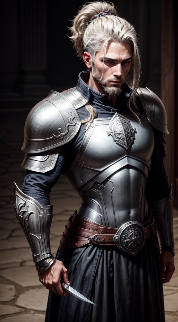 A warrior with a silver sword in his hands, no fundo um campo de batalha, armadura resistente em seu corpo, de cicatrizes de batalha, cabelos curtos e grisalhos, olhos azuis, uma barba densa e bem-cuidada, a muscular and robust physiognomy his height is tall.