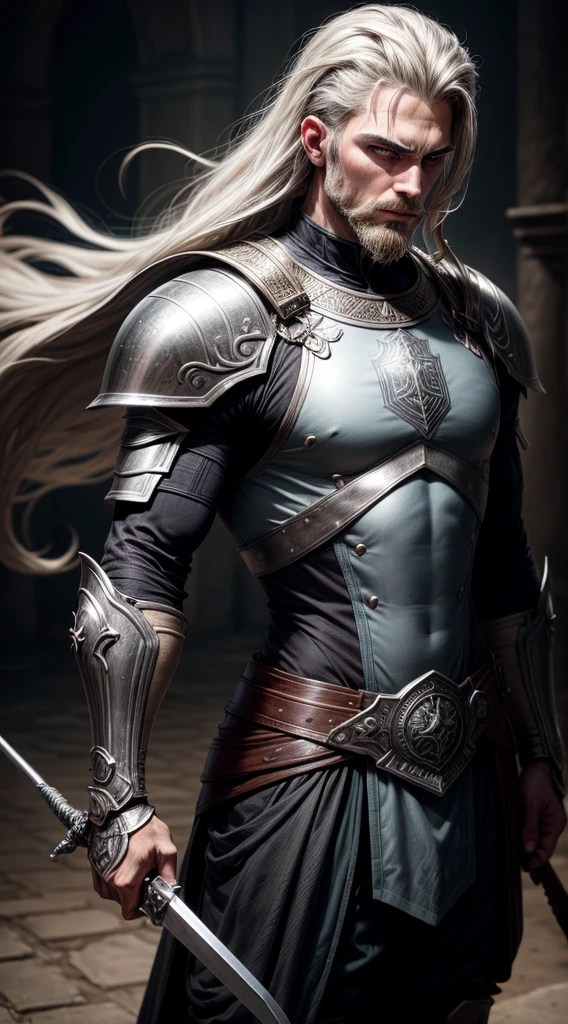 A warrior with a silver sword in his hands, no fundo um campo de batalha, armadura resistente em seu corpo, de cicatrizes de batalha, cabelos curtos e grisalhos, olhos azuis, uma barba densa e bem-cuidada, a muscular and robust physiognomy his height is tall.