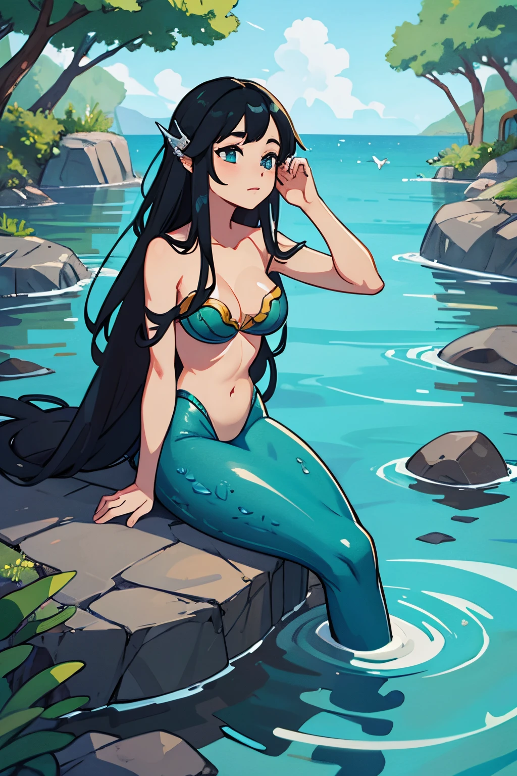 queen mermaid, long hair, siren, merfolk, black hair, sitting on a rock