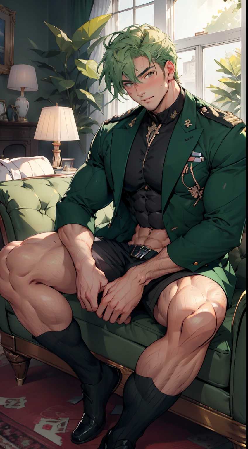 (masterpiece, best quality ), 1man,  extremely muscular, short pink /green hair, brown eyes, intricate, (living room) , full body, white army uniform, open green jacket, vivid colors,(depth of field:1.2),(abs),blush, looking at viewer, sitting on couch, spread legs, shirt open, shirtless, visible pectorals