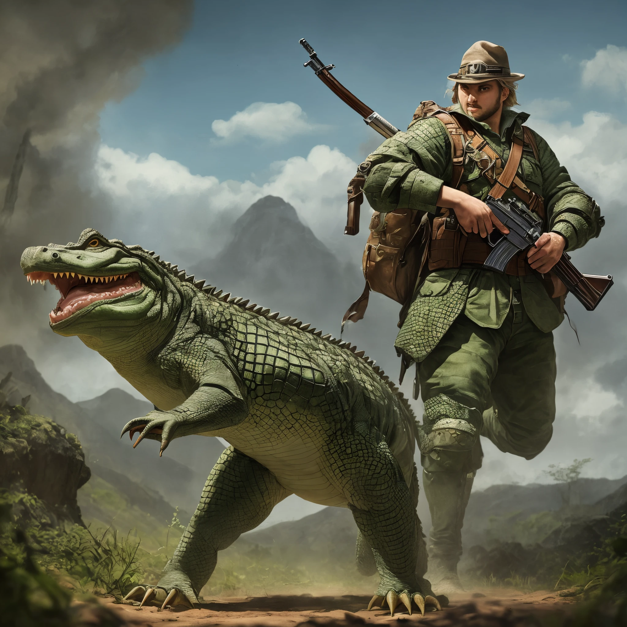 Crocodile warrior standing tall, weilding a gun in right hand and a shiel in the left hand