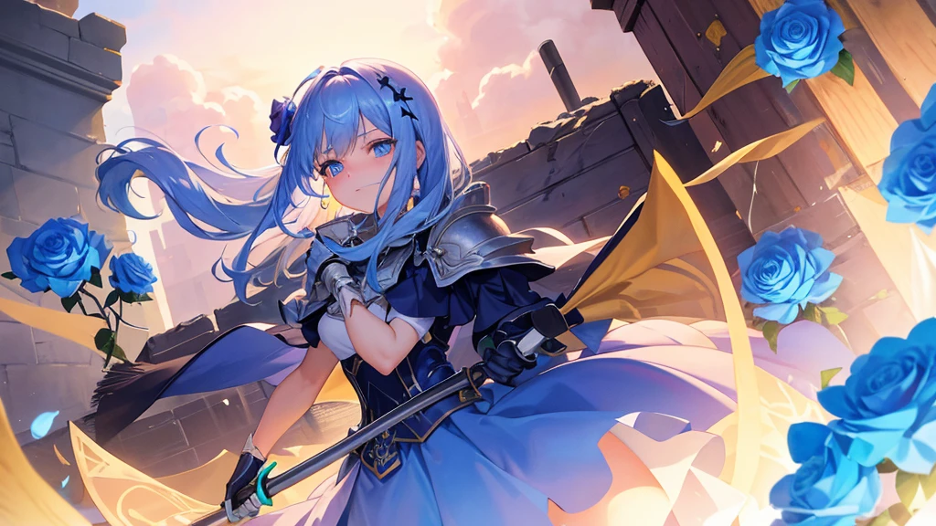 1 girl,solo, masterpiece, best quality,Blue and white ornate plate armor, knight，（face guard:1.3），long sword，shield，miniskirt, perfect lighting, long skirt，long hair, Double tail, drill hair, blue hair, blue eyes, Gwen, 