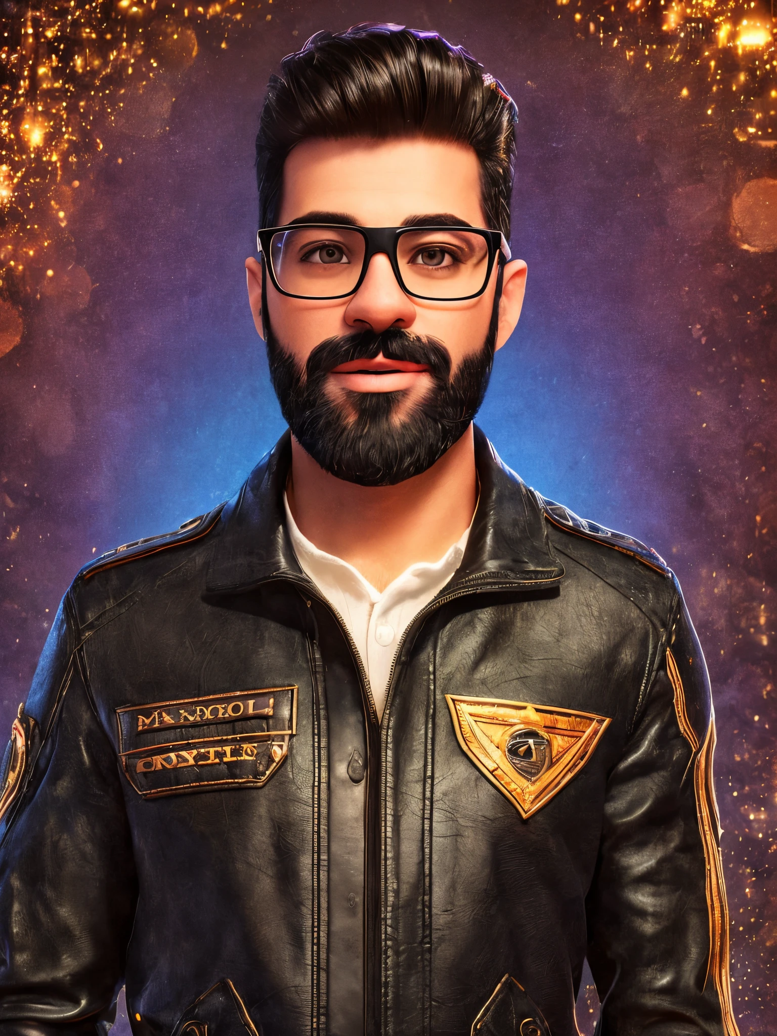 A male with black hair and a beard is wearing glasses. The scene is inspired by the Pixar style, aiming to create a masterpiece with a high level of detail. The image is of the best quality and in 8k resolution. The character is wearing a leather jacket with intricate textures. The overall ambiance is reminiscent of claymation, with cinematic lighting effects creating a dramatic atmosphere. The focus of the image is very sharp, highlighting the precise details. The background features a bokeh effect, adding depth and visual interest to the composition. (Pivaarts)