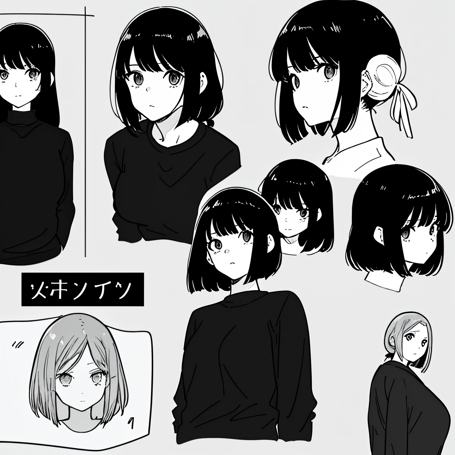 Arte conceptual de un personaje.. 1girl, con largo, cabello negro rizado. Multiple expressions. Panel Manga. Estilo manga. blanco y negro. Black sweater. magic right eye.