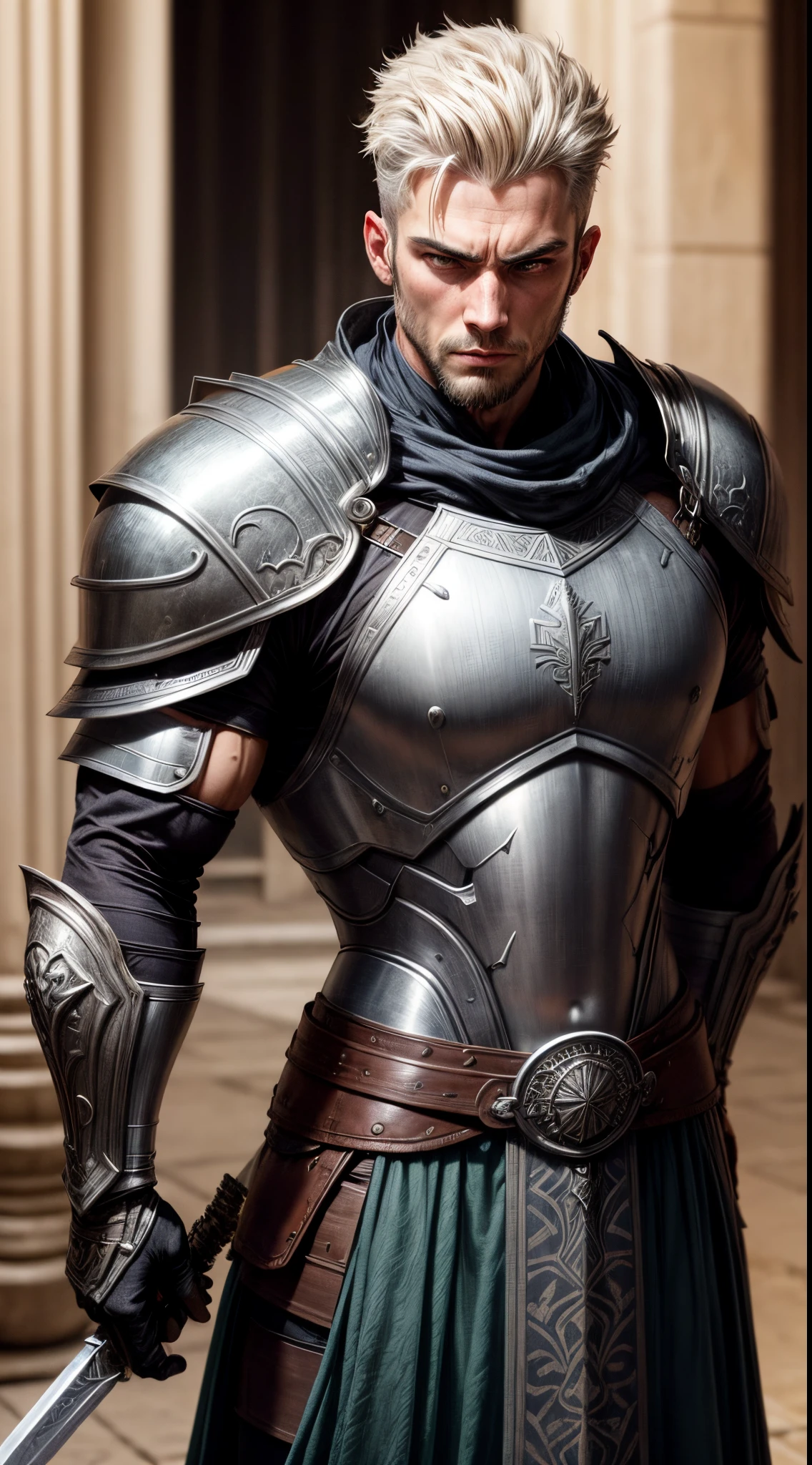 A warrior with a silver sword in his hands, no fundo um campo de batalha, armadura resistente em seu corpo, de cicatrizes de batalha, cabelos curtos e grisalhos, olhos azuis, uma barba densa e bem-cuidada, a muscular and robust physiognomy his height is tall.