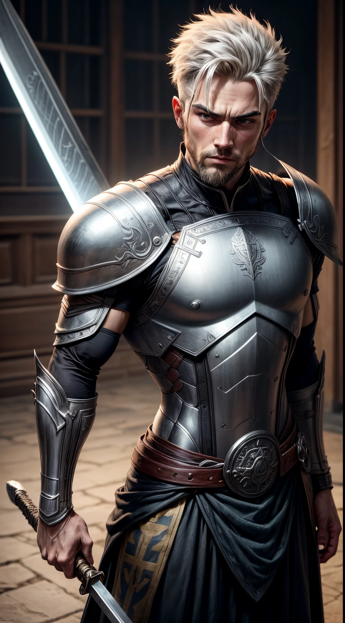 A warrior with a silver sword in his hands, no fundo um campo de batalha, armadura resistente em seu corpo, de cicatrizes de batalha, cabelos curtos e grisalhos, olhos azuis, uma barba densa e bem-cuidada, a muscular and robust physiognomy his height is tall.