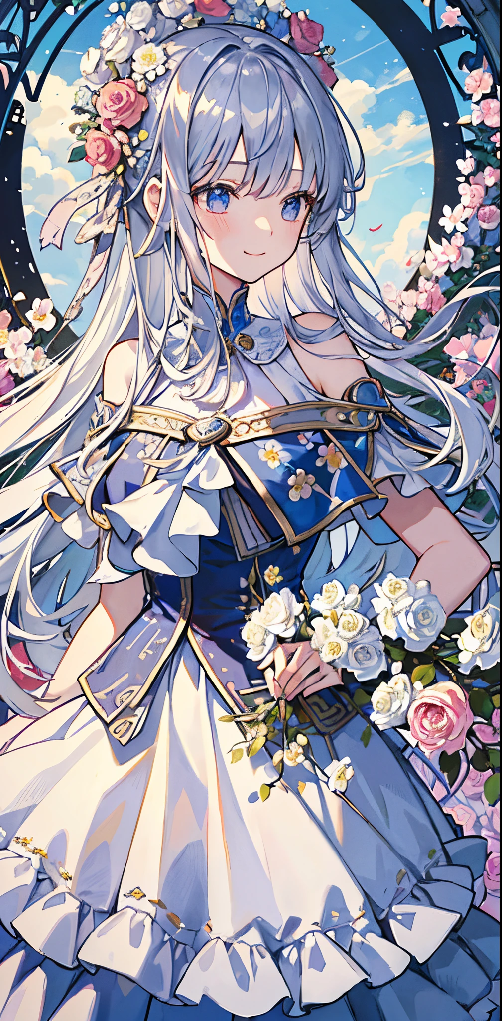 (masterpiece、top-quality、illustratio、Extremely high quality、high-level image quality、Extremely sensitive writing)Girl with long silver hair standing in beautiful flowery garden、A slight smile、She has a large bouquet、Cute national costume style dress with ruffles on the shoulders、Hair fluttering in the wind