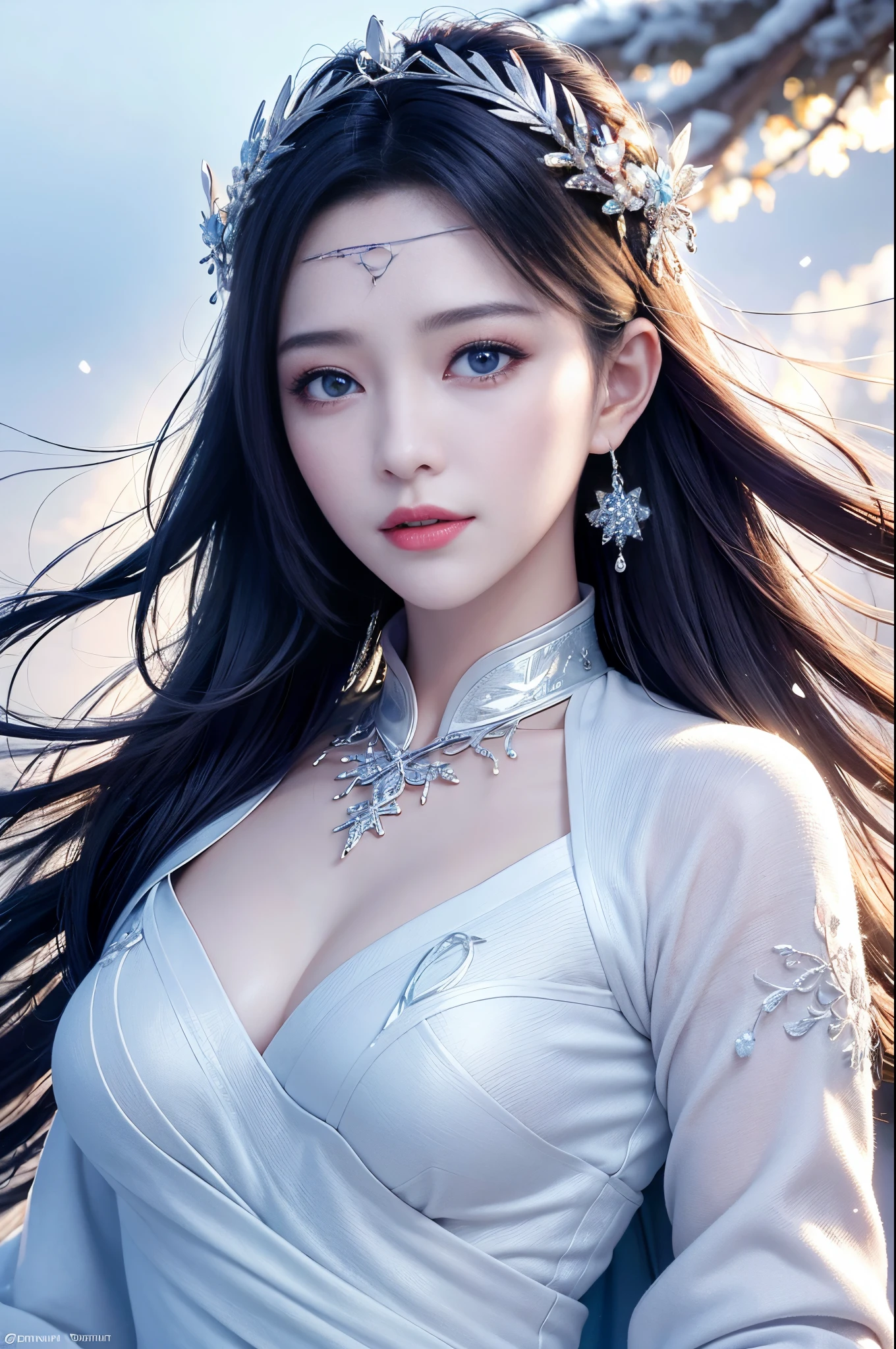 Best texture, High quality, Ultra HD, 8K, Full body photo, Panoramic image, Snow, Flying snowflakes, Dancing in the snow, girl, Full of Miao silver jewelry, Miao clothing, Silver Phoenix Crown, Melon Seed Face, Ultra-detailed face, Blue eyes, long eyebrows, Fair skin, Silver long hair, long hair flowing, Rising with the wind, Snowflake Colorful Gifts, Realistic, Very detailed, high detailing, ultraclear,