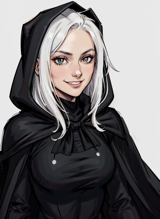 a close up of a 20 year old female wizard. wearing a long black cape, wearing black dress. Black clothes.  Hood on head covering top of face. white background. Facing straight on to camera. Friendly face. Smiling face. Hood partly covering top of face.