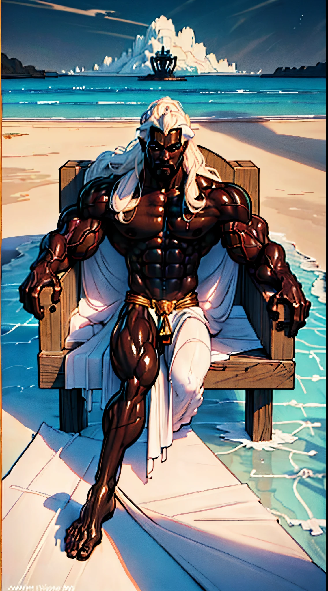 (View from front:1.4), a painting of a muscular man and a large body of water, colored skin, (black skin:1.2), black colored skin, The God Poseidon, ((sitting)), legs open, golden crown, sandy beach, sitting on the docks, The God of the Sea, The God Hades, Poseidon, Charon, The Boatman of Hades, God of the Ocean, white hair, God of the Underworld, Hades, black loincloth, God Shiva the Destroyer, Furious God Zeus, Like an Atlantean, veiny biceps, chiseled abs, muscular legs, rugged face, long hair in ponytail, masterpiece, 8k, highly detailed,