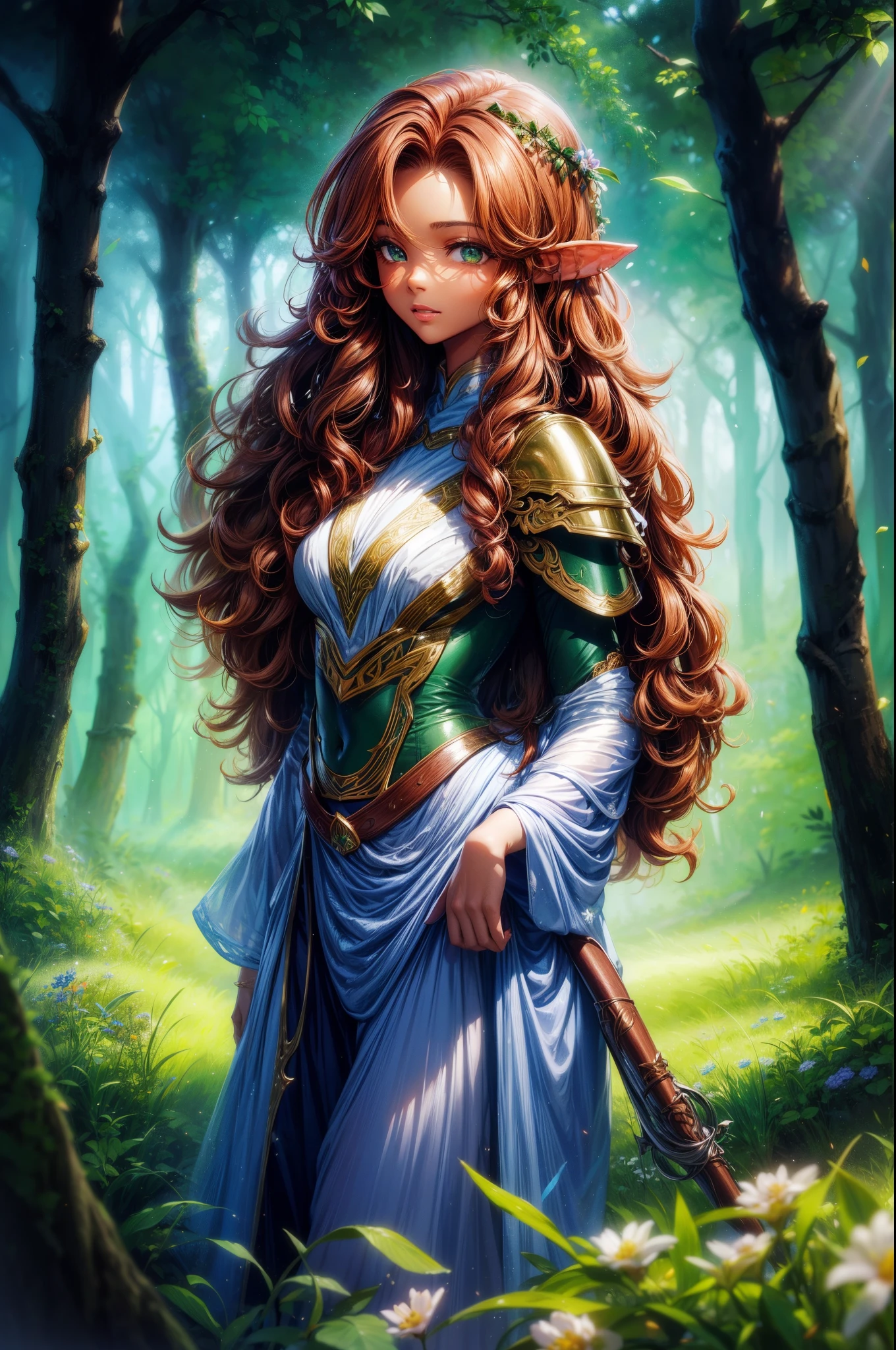 Dark skin, Detail of beautiful young woman, reddish blonde brown hair, long, Curly and messy hair, Delicate and perfect green eyes, Delicate symmetry, Real and beautiful face shape, (Enchanted forest background),  Ranger costume leather armor, faeries, Wildflowers blend into the hair, Full body lesbian, tmasterpiece, Ridiculous resources,finely detailled, many color, dramatic lights, The content is very detailed, 电影灯光