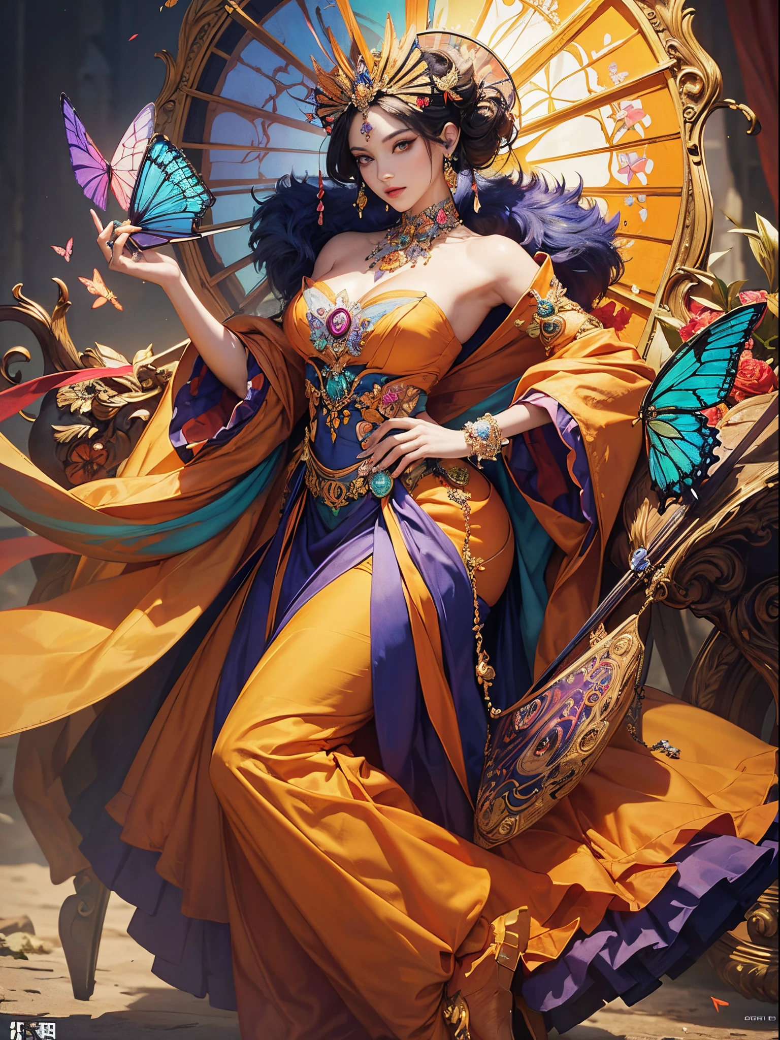 Butterfly motif、Orange tones、Vibrant colors、((masterpiece)))、(((top-quality)))、((ultra-detailliert))、(A hyper-realistic)、(highly detailed CGillustration)、From the right side、Official art、Nice in the early 20th century、Decadent、Madame Papillon、Cool Beauty、Masquerade、refinement、Elegance、Gorgeous、Masks that cover most of the face、Colorful and detailed mask design、matchless beauty、Fans、gorgeous dress、jewely、Perfect Angle、perfect-composition。full body Esbian