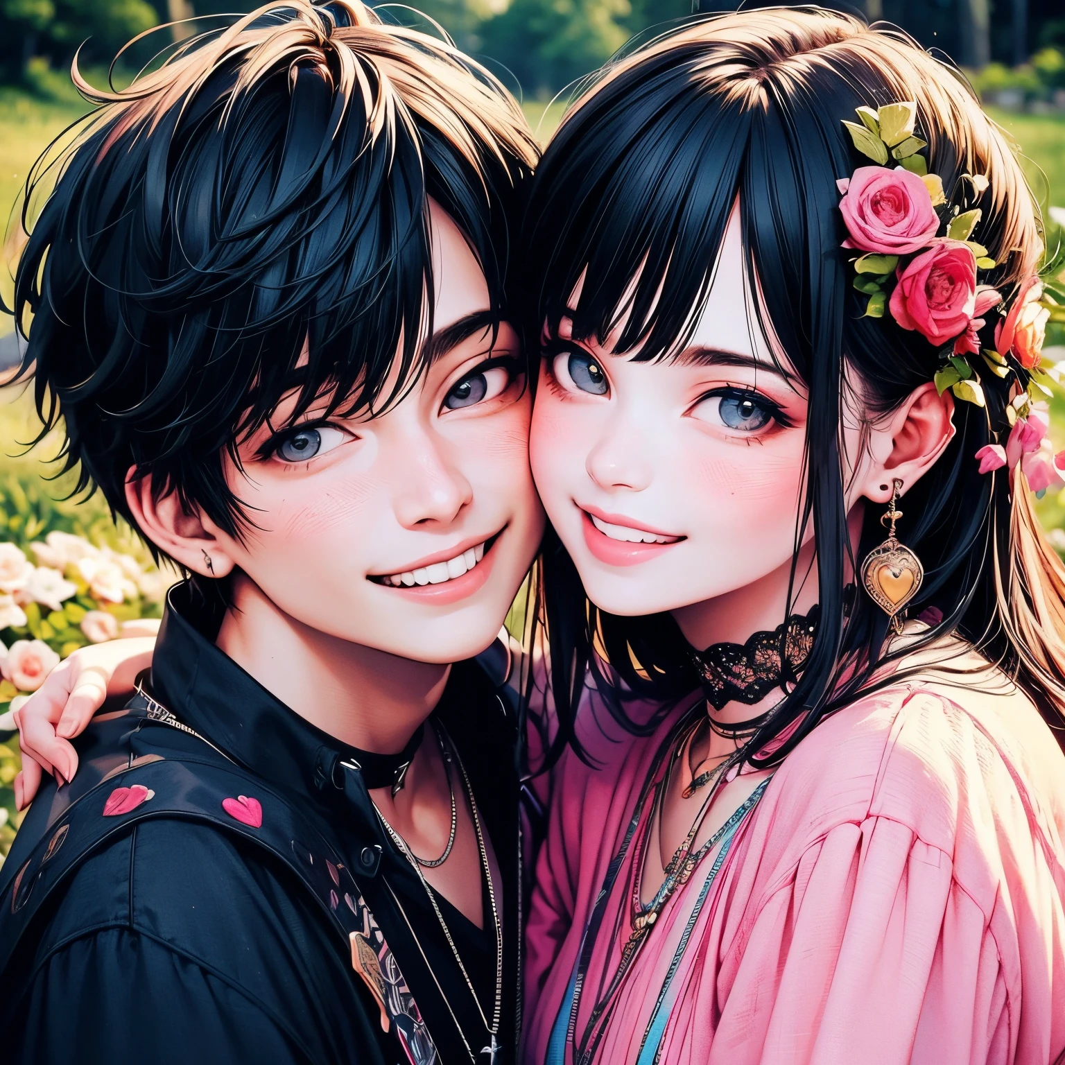 A couple in their 20s, smiling and happy, (best quality, high resolution), (realistic:1.37), beautiful, affectionate, married, vibrant colors, outdoor, nature, romantic, love-filled, joyful faces, happiness, satisfaction, eternal love, forever together, blissful.