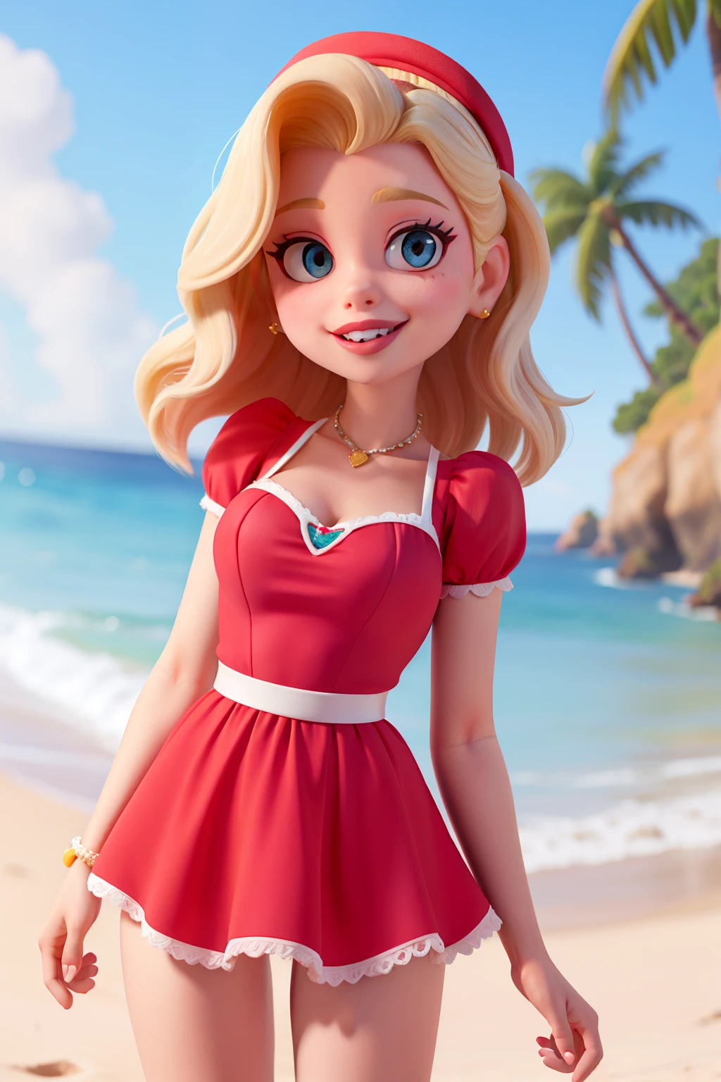 mulher blonde, praia, sbikini, decote, vaidosa, vestido rosa, batom vermelho, large lips, uma personagem alegre no estilo Disney Pixar
