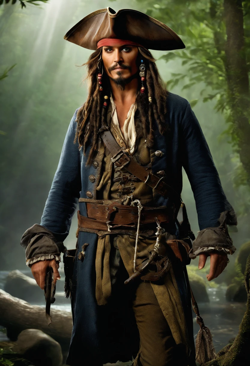 A photo of Jack Sparrow navigating through a treacherous cave, the dim light casting eerie shadows as he searches for hidden treasure.,Pirates of the Caribbean: The Curse of the Black Pearl,
Jack Sparrow possesses a distinctive and memorable appearance, characterized by a blend of ruggedness, eccentricity, and a touch of flamboyance.

1. Facial Features: Jack's countenance is weathered and tanned, reflecting a life spent sailing under the sun. He has a well-defined jawline, typically adorned with a scruffy, unkempt beard that frames his face. His cheekbones are high, lending an air of sharpness to his features.

2. Hair: Jack's hair is long, dark, and unruly, falling in loose, wavy locks that cascade past his shoulders. His hair is often adorned with beads, trinkets, and small braids, giving it an eclectic and pirate-like flair.

3. Eyes: Jack's most striking feature is his intense, dark eyes, which hold a mischievous glint and a hint of mystery. They are framed by slightly arched eyebrows, adding to his enigmatic allure.

4. Accessories: Jack Sparrow is known for his eclectic array of accessories. He adorns his head with a worn, tricorn pirate hat, typically adorned with feathers or other embellishments. On his face, he sports a variety of smudged and smoky eye makeup, giving him a rakish and slightly disheveled appearance. His ears are often adorned with gold hoop earrings and other ornaments, adding to his pirate aesthetic.

5. Clothing Style: Jack's clothing style is a unique blend of tattered elegance and pirate flair. He wears layers of mismatched, worn garments that reflect his bohemian nature. His ensemble often includes a loosely fitted, open-front vest or jacket, adorned with intricate embroidery, fringes, and beaded details. Underneath, he dons a stained and rumpled, off-white linen shirt with billowy sleeves. Around his waist, he sports a wide leather belt with a large, ornate buckle. His trousers are loose and baggy, typically made of worn and faded fabrics. Completing his attire, he wears tall leather boots, scuffed and worn from countless adventures at sea.

6. Jewelry and Trinkets: Jack Sparrow is known for his love of accessories. He adorns himself with an assortment of necklaces, rings, and bracelets, often featuring charms, beads, coins, and other artifacts collected from his journeys. These trinkets jingle and clink as he moves, adding to his charismatic presence.

7. Swagger and Posture: Jack carries himself with a unique swagger, a graceful yet somewhat unsteady gait that reflects his carefree and unpredictable nature. His posture is relaxed, yet he exudes an air of confidence and self-assurance.

8. Complexion: Jack Sparrow's complexion is weathered and sun-kissed, bearing the marks of a life spent at sea. His skin has a slightly rough texture, indicative of exposure to the elements. Faint lines and wrinkles around his eyes and forehead hint at the experiences and hardships he has endured.

9. Teeth: Jack's teeth are a notable feature, often shown as discolored and uneven, reflecting a lack of proper dental care. Some of his teeth are missing, adding to his rugged and slightly unkempt appearance. However, despite their imperfections, his teeth are surprisingly functional, allowing him to flash a charismatic and mischievous grin.

10. Scars and Tattoos: Jack Sparrow's body is adorned with various scars and tattoos, each with its own story to tell. Scattered across his torso, arms, and back, these marks serve as reminders of past battles, encounters, and personal journeys. His tattoos, often faded and partially obscured, add an air of mystery and intrigue to his overall appearance.

11. Hands and Fingers: Jack's hands are weathered and calloused, a testament to a life of adventure and manual labor. His fingers are nimble and dexterous, capable of handling intricate tasks such as manipulating his beloved compass or wielding a sword with finesse.

12. Slight Dishevelment: Jack Sparrow's overall appearance carries an intentional sense of dishevelment. His clothing is intentionally rumpled and worn, with loose threads and frayed edges adding to his bohemian charm. His hair, although long and flowing, is intentionally unkempt, giving him a carefree and rebellious air.

13. Scent: A subtle scent of saltwater, mixed with a hint of rum and the faint aroma of exotic spices, lingers around Jack Sparrow. The combination of sea breeze, his own unique musk, and the scents of the places he has visited create an intriguing olfactory aura that accompanies his presence.

14. Body Language: Jack's body language is a key part of his overall appearance. He carries himself with a slightly slouched posture, giving off an air of nonchalance and relaxation. His movements are agile and fluid, reflecting both his experience as a sailor and his natural grace. He has a tendency to gesture with his hands while speaking, emphasizing his words and adding flair to his storytelling.

Jack's hair is long, dark, and possesses a wild, untamed quality that perfectly complements his roguish persona. It falls in loose, wavy locks that cascade past his shoulders, framing his face and adding to his air of rebellion and adventure.

The texture of Jack's hair is naturally thick and slightly coarse, giving it a rugged and tousled appearance. It appears to have a natural wave to it, creating a sense of movement even when he is still. His hair has a slightly unkempt quality, as though he rarely bothers with formal grooming routines.

While primarily dark in color, Jack's hair may also exhibit hints of deep brown or even strands of silver, indications of his age and the many experiences he has encountered throughout his life.

To further accentuate his pirate-like aesthetic, Jack adorns his hair with various accessories. Beads, trinkets, and small braids are often woven into his locks, adding a touch of eccentricity and individuality. These adornments dangle and sway with his movements, creating an audible jingle that further adds to his bohemian charm.

Despite its disheveled appearance, Jack's hair possesses a certain allure. It adds an air of nonconformity and a sense of carefree rebellion to his overall persona. His long, flowing locks become a visual representation of his untamed spirit and his refusal to adhere to societal norms.


Jack's ensemble consists of layers of mismatched and worn garments, reflecting his unconventional and free-spirited nature. His clothing exudes an air of adventure and captures the essence of a swashbuckling pirate captain. 

Starting from the top, Jack often wears a weathered tricorn pirate hat. The hat is typically made of worn leather or fabric, with a wide brim that is slightly bent and adorned with feathers or other embellishments. It has a well-loved, lived-in appearance, reflecting Jack's countless escapades.

On his face, Jack sports smudged and smoky eye makeup, giving him a rakish and slightly disheveled look. The makeup adds to his mysterious aura and enhances his mischievous gaze.

Jack's upper body is typically adorned with a loosely fitted, open-front vest or jacket. The garment is often made of worn and faded fabrics, such as leather, canvas, or velvet. It may feature intricate embroidery, fringes, or beaded details, showcasing his bohemian sense of style. The jacket has a well-worn appearance, with patches and repairs that bear testament to his adventurous lifestyle.

Underneath the vest or jacket, Jack wears a stained and rumpled, off-white linen shirt. The shirt has billowy sleeves that gather at the wrists, adding a touch of romanticism to his attire. The fabric is lightweight and breathable, suitable for the warm climates often encountered during his seafaring journeys.

Around his waist, Jack sports a wide leather belt with a large, ornate buckle. The belt serves both as a practical accessory and a fashion statement. It helps secure his trousers and provides a place to hang his various tools and weapons, such as his trusty compass or a small dagger.

Jack's trousers are loose-fitting and slightly baggy, allowing for ease of movement. They are typically made of worn and faded fabrics, such as linen or canvas, and may feature patches or repairs. The trousers often taper at the ankles and are tucked into his tall leather boots.

Completing his ensemble, Jack wears tall leather boots that have seen their fair share of adventures. The boots are scuffed and worn, reflecting the wear and tear of life at sea. They provide both protection and stability, enabling Jack to navigate various terrains with ease.

Overall, Jack Sparrow's clothing style combines elements of ruggedness, eccentricity, and a hint of romanticism. His attire reflects his bohemian spirit, his seafaring lifestyle, and his refusal to conform to societal norms. The combination of mismatched layers, worn fabrics, and unique accessories creates a visually striking and iconic look for the legendary pirate captain.