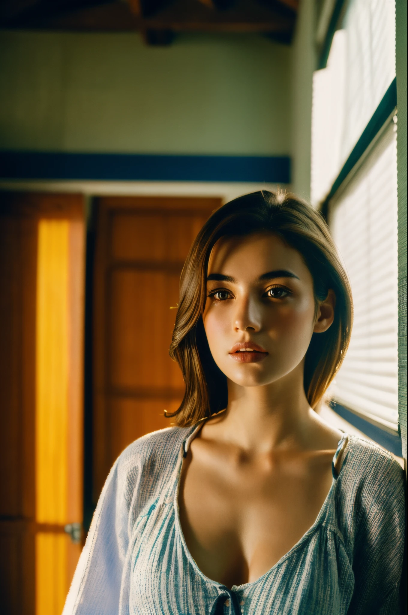 (RAW photo, 4k, masterpiece, high res, extremely intricate) (photorealistic:1.4), cinematic lighting
1girl, solo focus, summer noon, hot, 1990s \(style\),cowboy shot,indoors