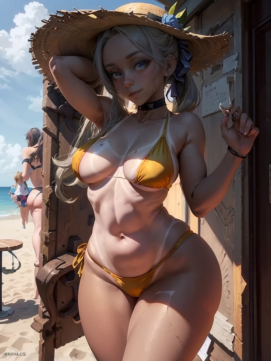 (master piece: 1.1), 1girl, solo, young, (tanlines, dark-skinned female, dark skin), (high detailed face, bright blue eyes) BREAK curvy body shape, medium breasts, slim body, thick legs, (wearing a yellow bikini), brazil bikini outfit, (proportional waist and hips, slim waist), pigtails, longhair, blonde hair, light smile, adorable cute girl BREAK beach hat, summer day, shy face, standing, posing for viewer, above view, blur in background